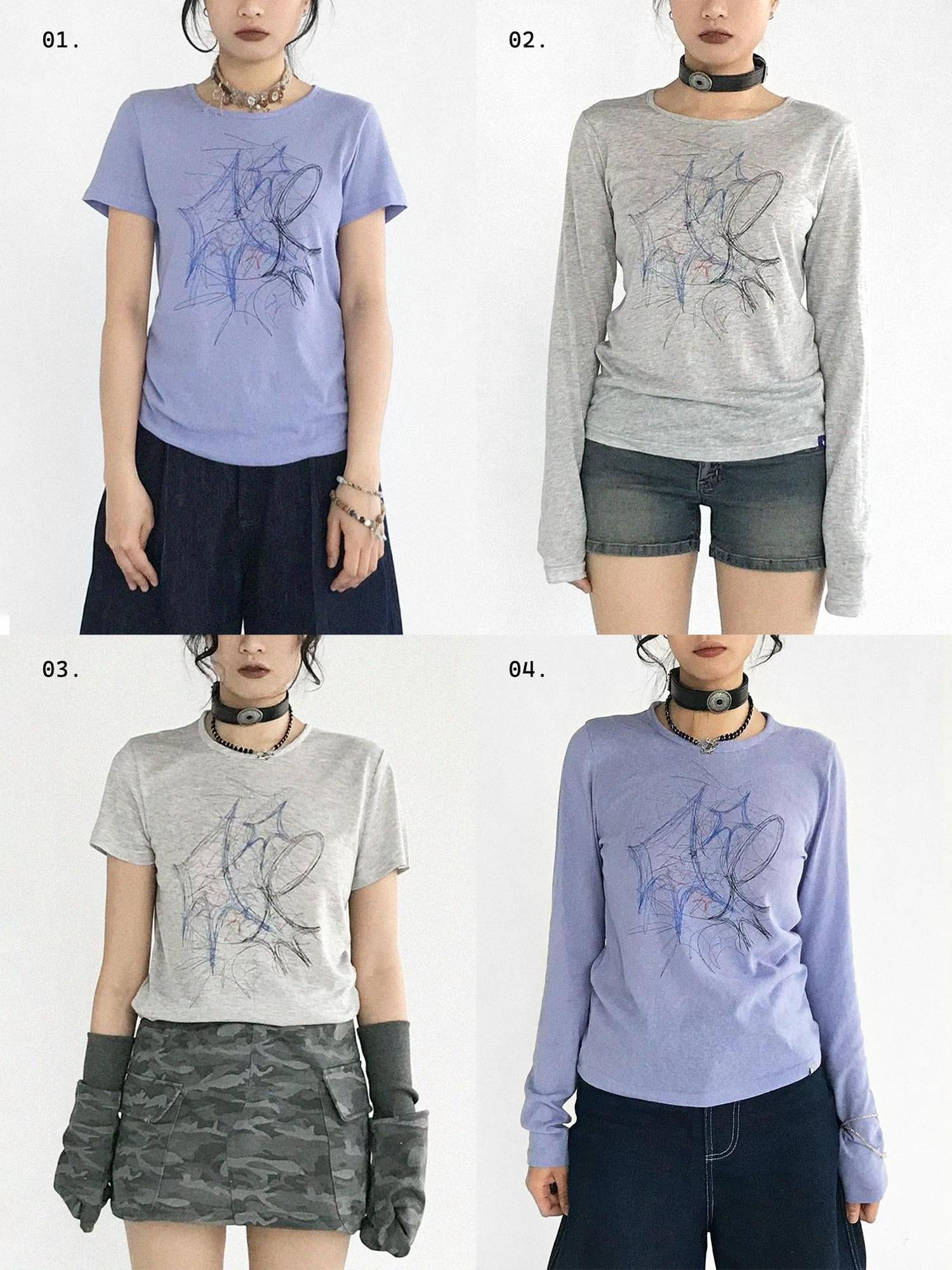 innomoood Doodle Line Graphic Tee And Long Sleeve Two Piece Set