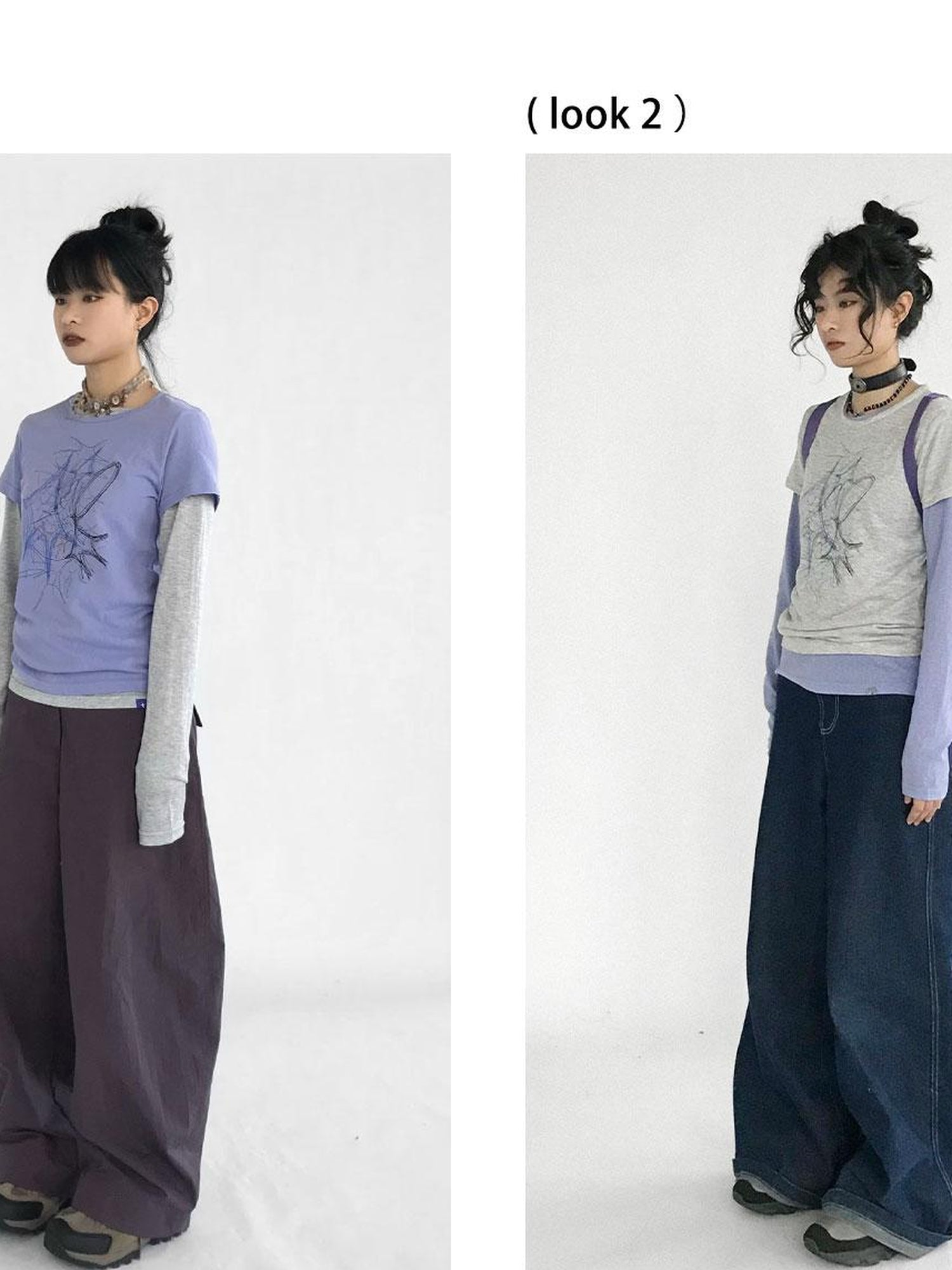 innomoood Doodle Line Graphic Tee And Long Sleeve Two Piece Set