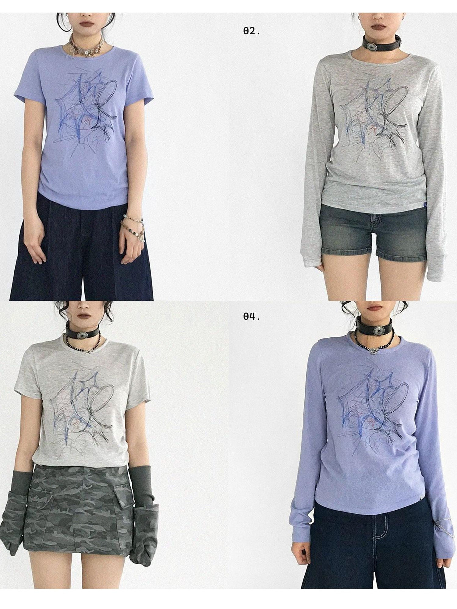 innomoood Doodle Line Graphic Tee And Long Sleeve Two Piece Set