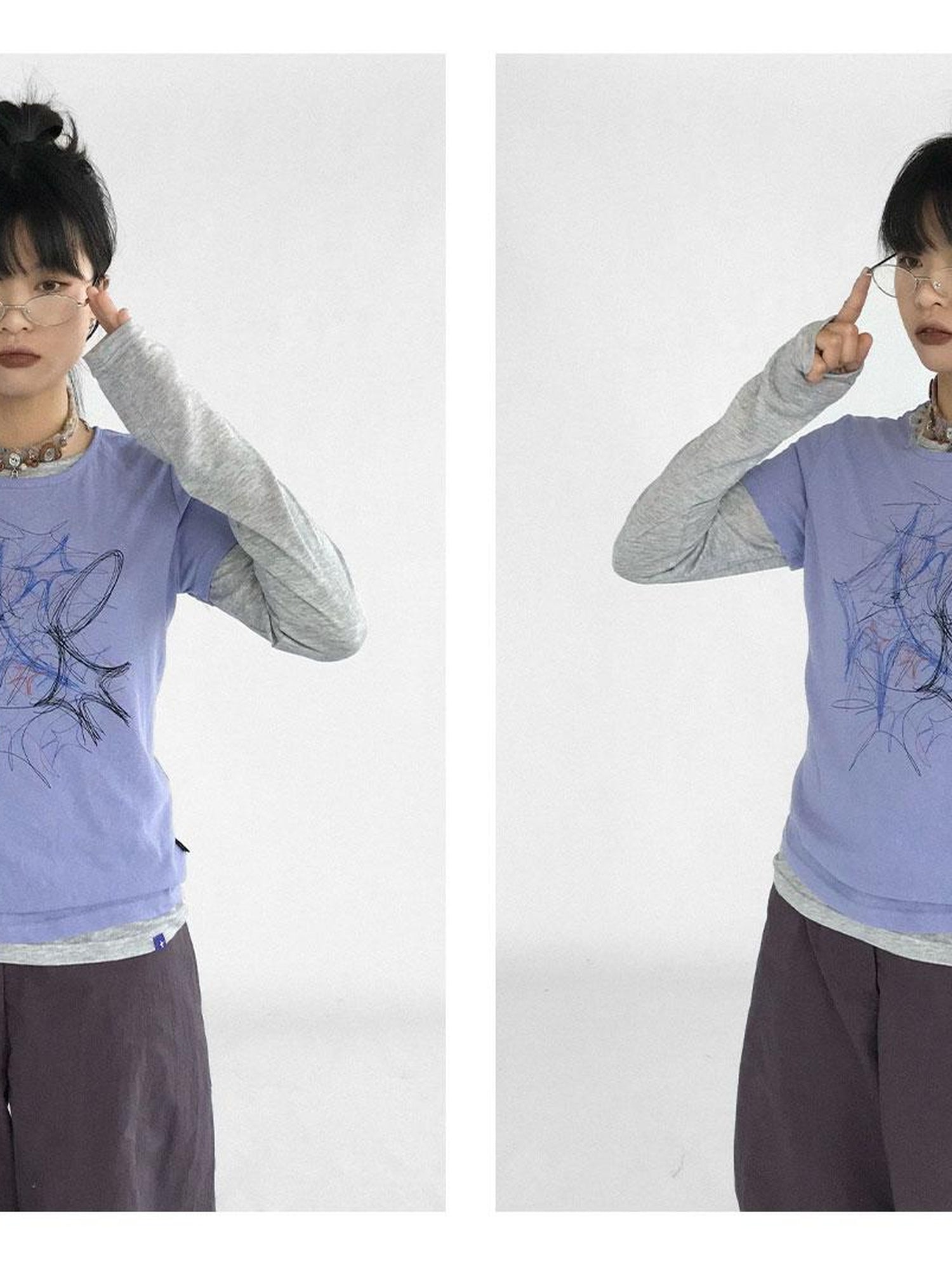 innomoood Doodle Line Graphic Tee And Long Sleeve Two Piece Set