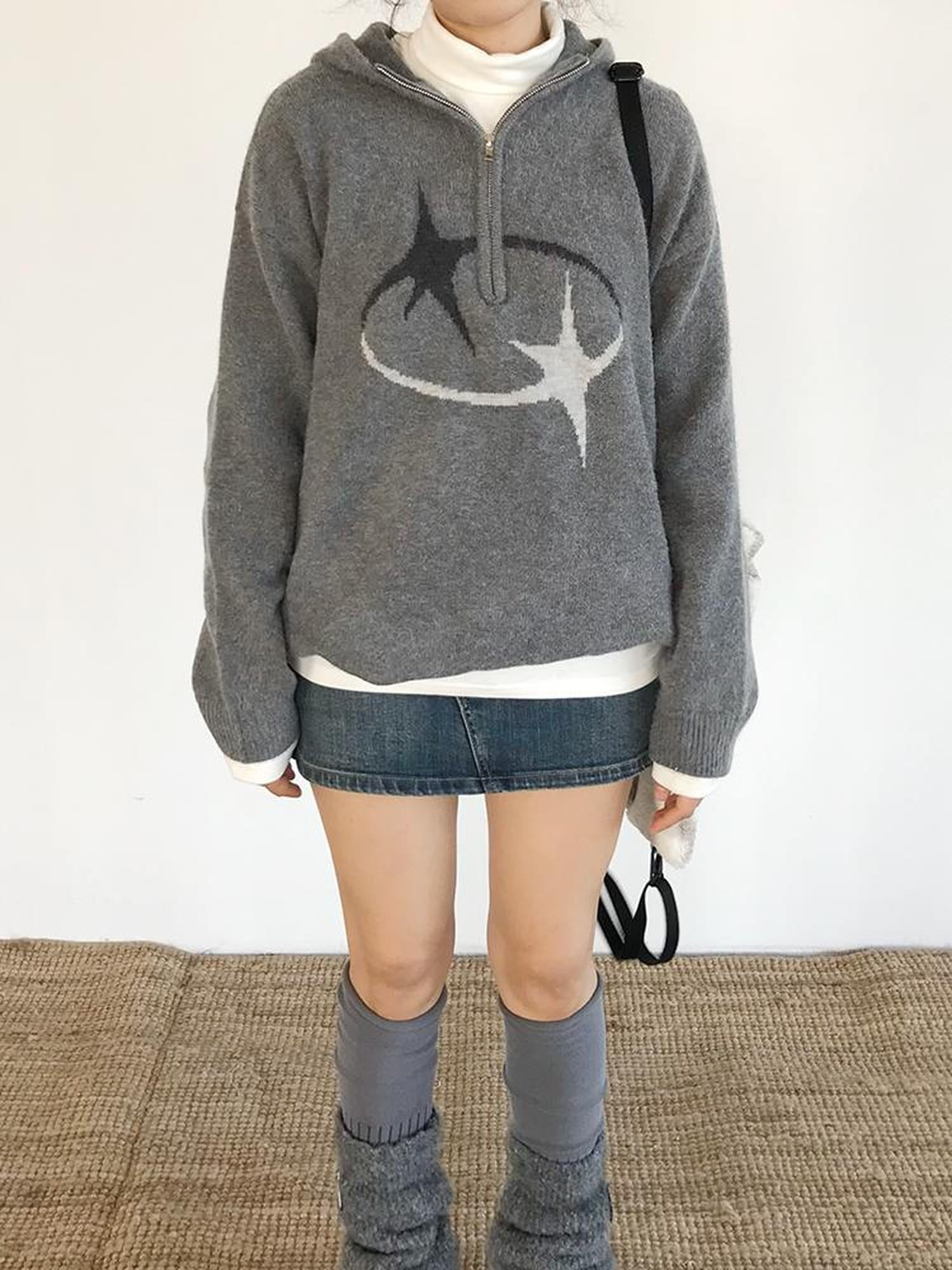 innomoood Double Star Orbit Hooded Sweater V-neck T-shirt Long Sleeve