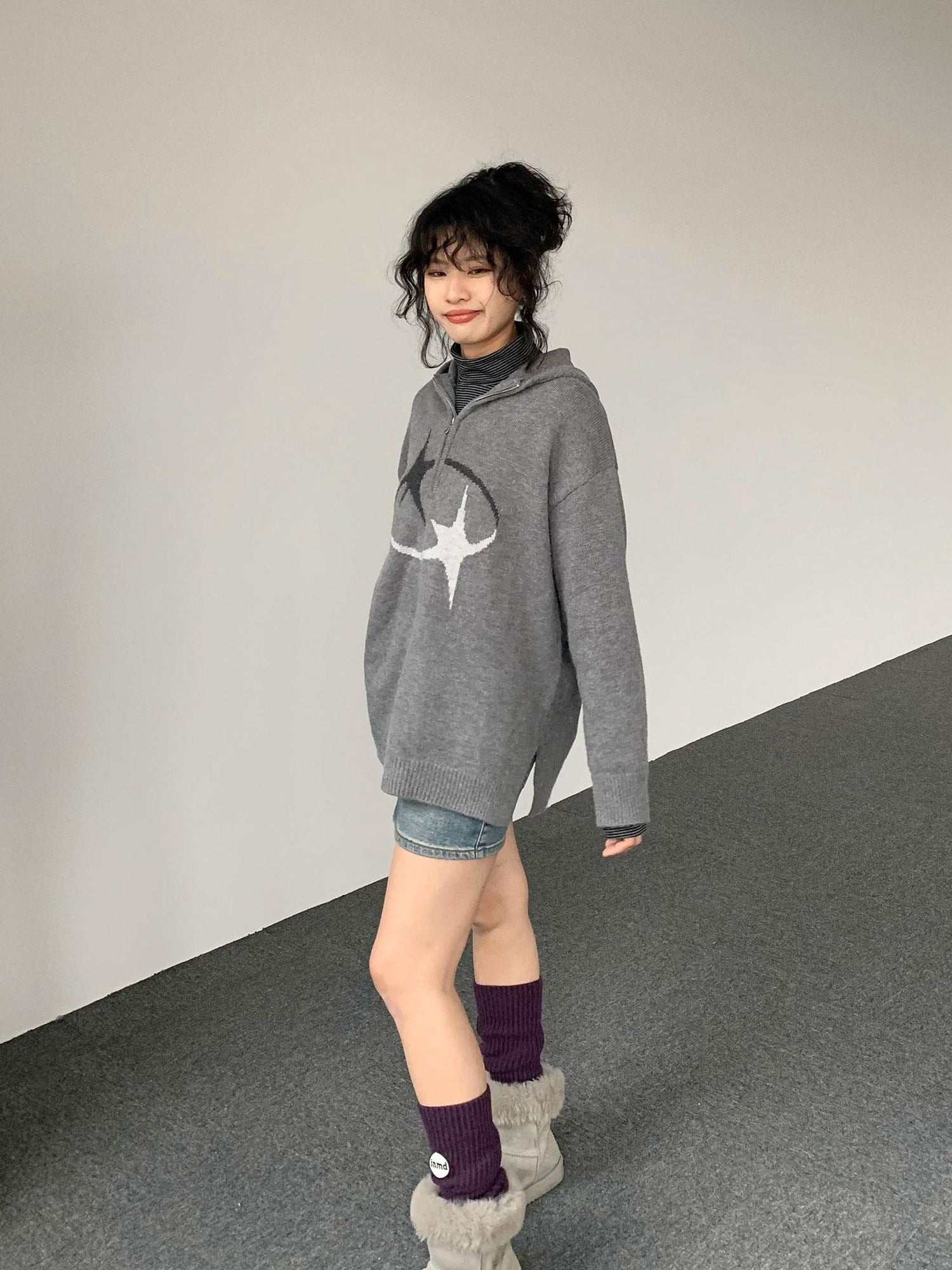 innomoood Double Star Orbit Hooded Sweater V-neck T-shirt Long Sleeve