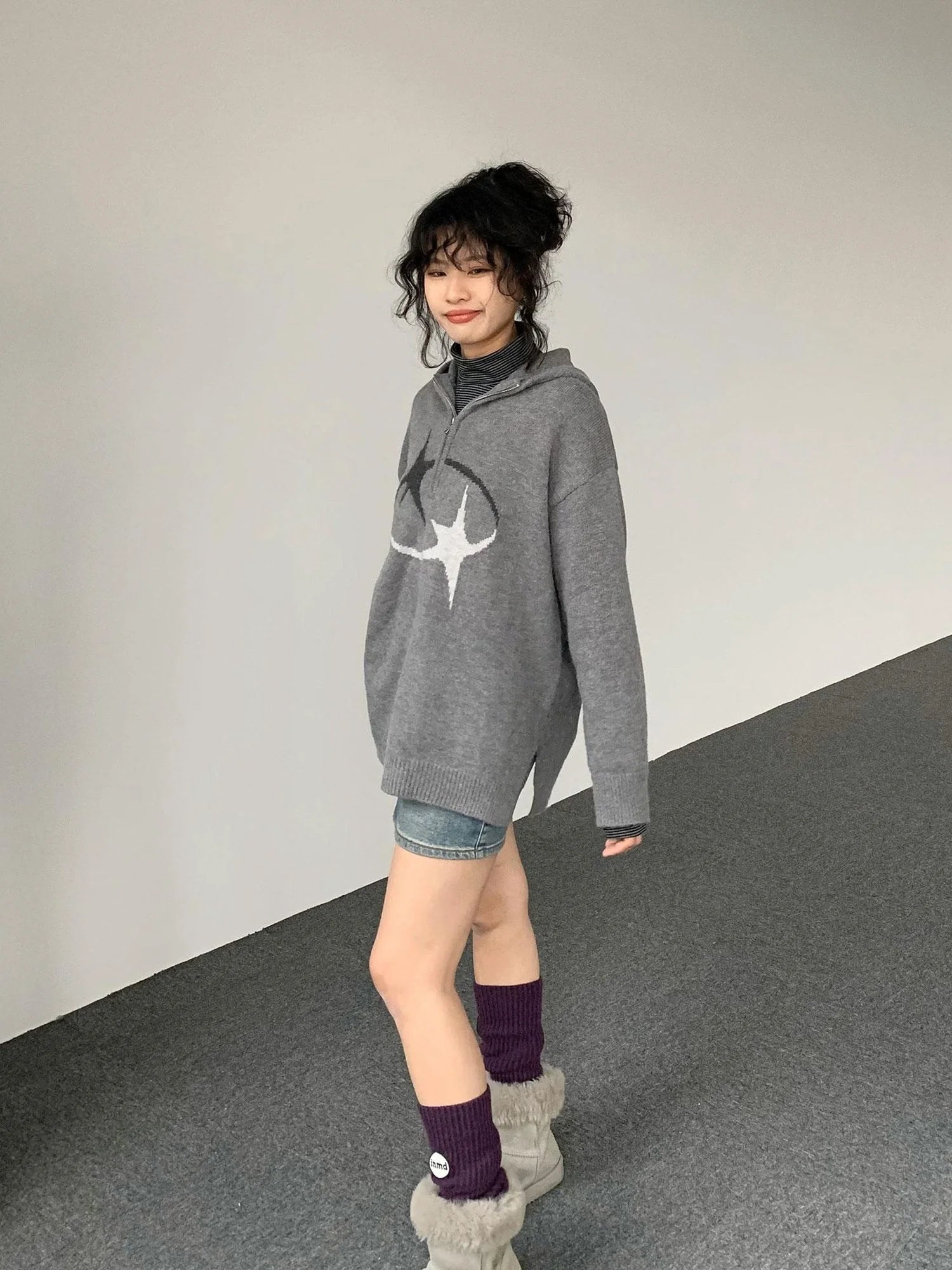 Double Star Orbit Hooded Sweater V-neck T-shirt Long Sleeve