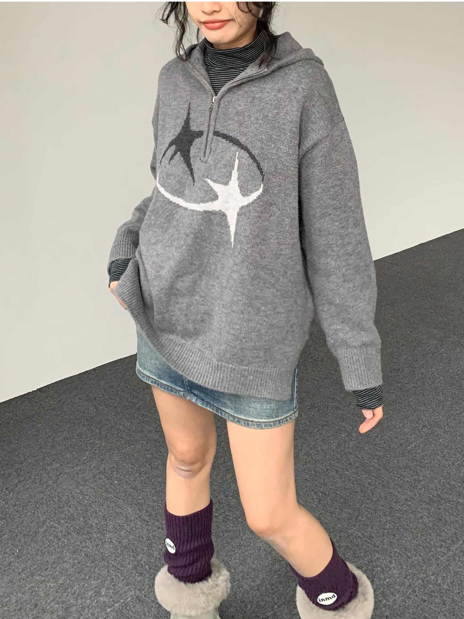 innomoood Double Star Orbit Hooded Sweater V-neck T-shirt Long Sleeve