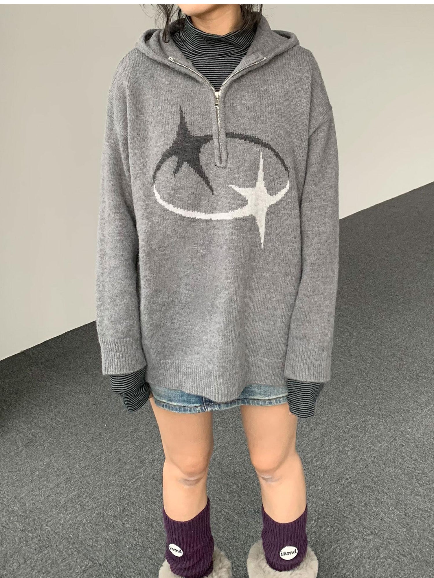 innomoood Double Star Orbit Hooded Sweater V-neck T-shirt Long Sleeve
