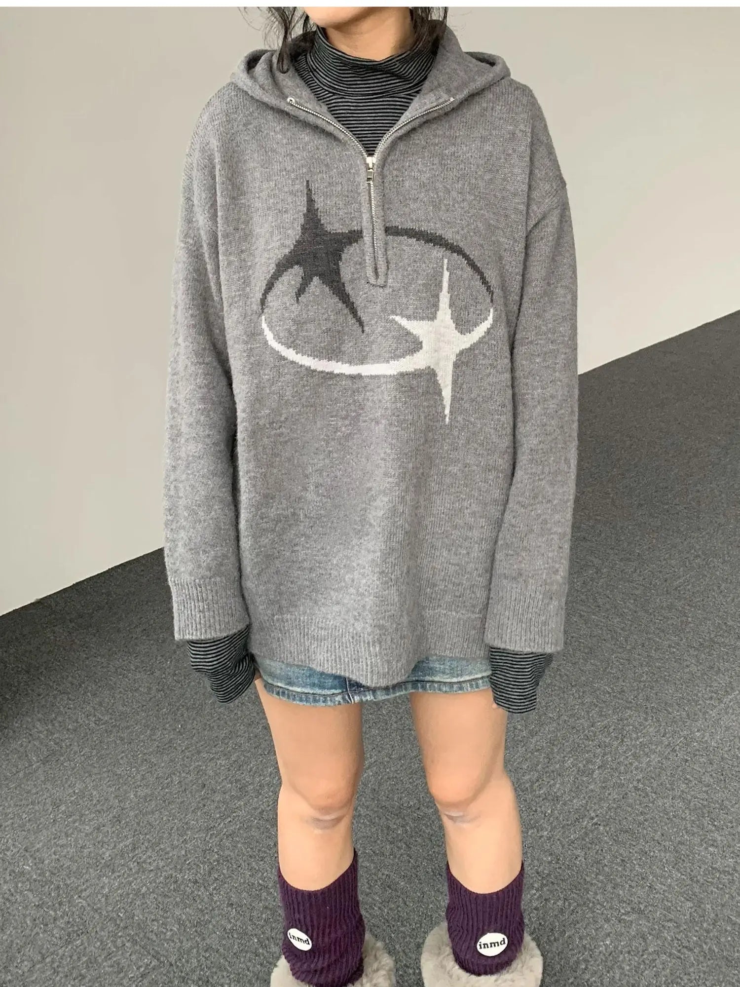 Double Star Orbit Hooded Sweater V-neck T-shirt Long Sleeve