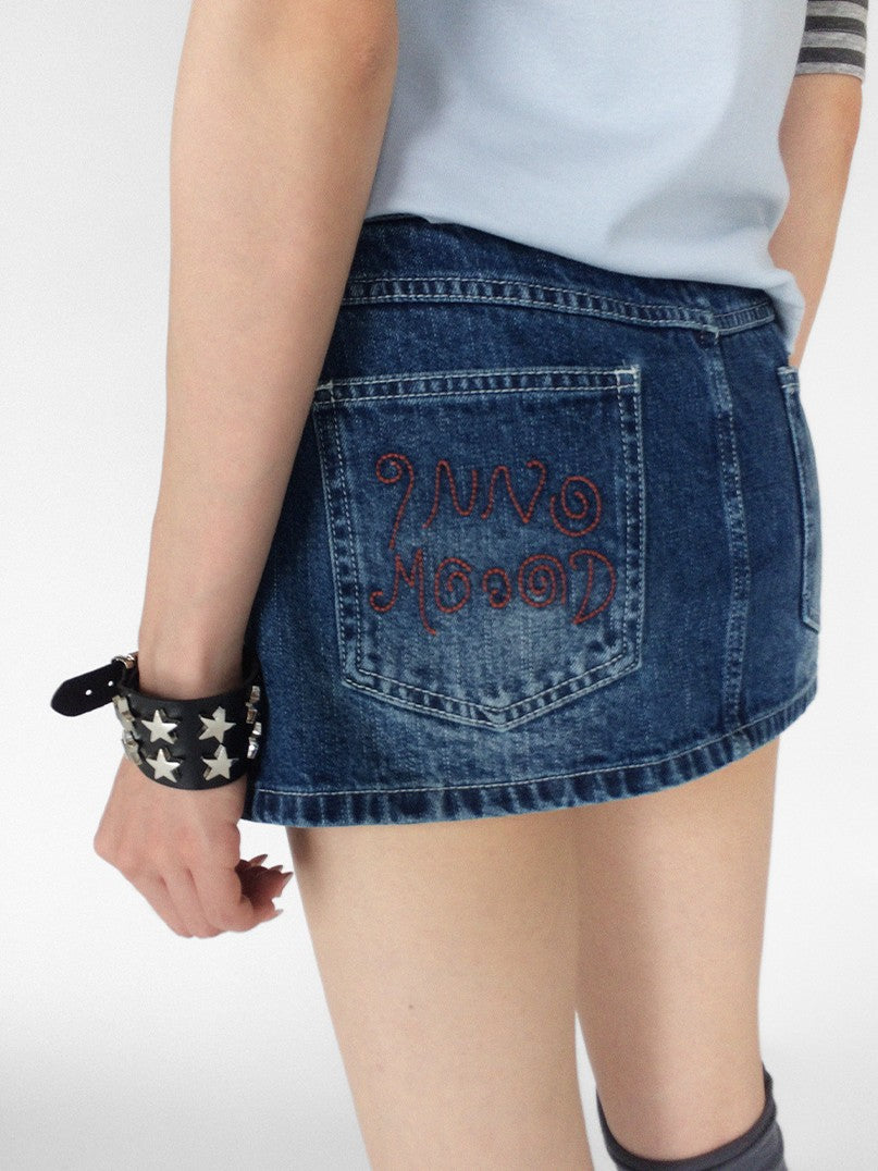 innomoood Embroidered Washed Distressed Front Zipper Low Waist Women&