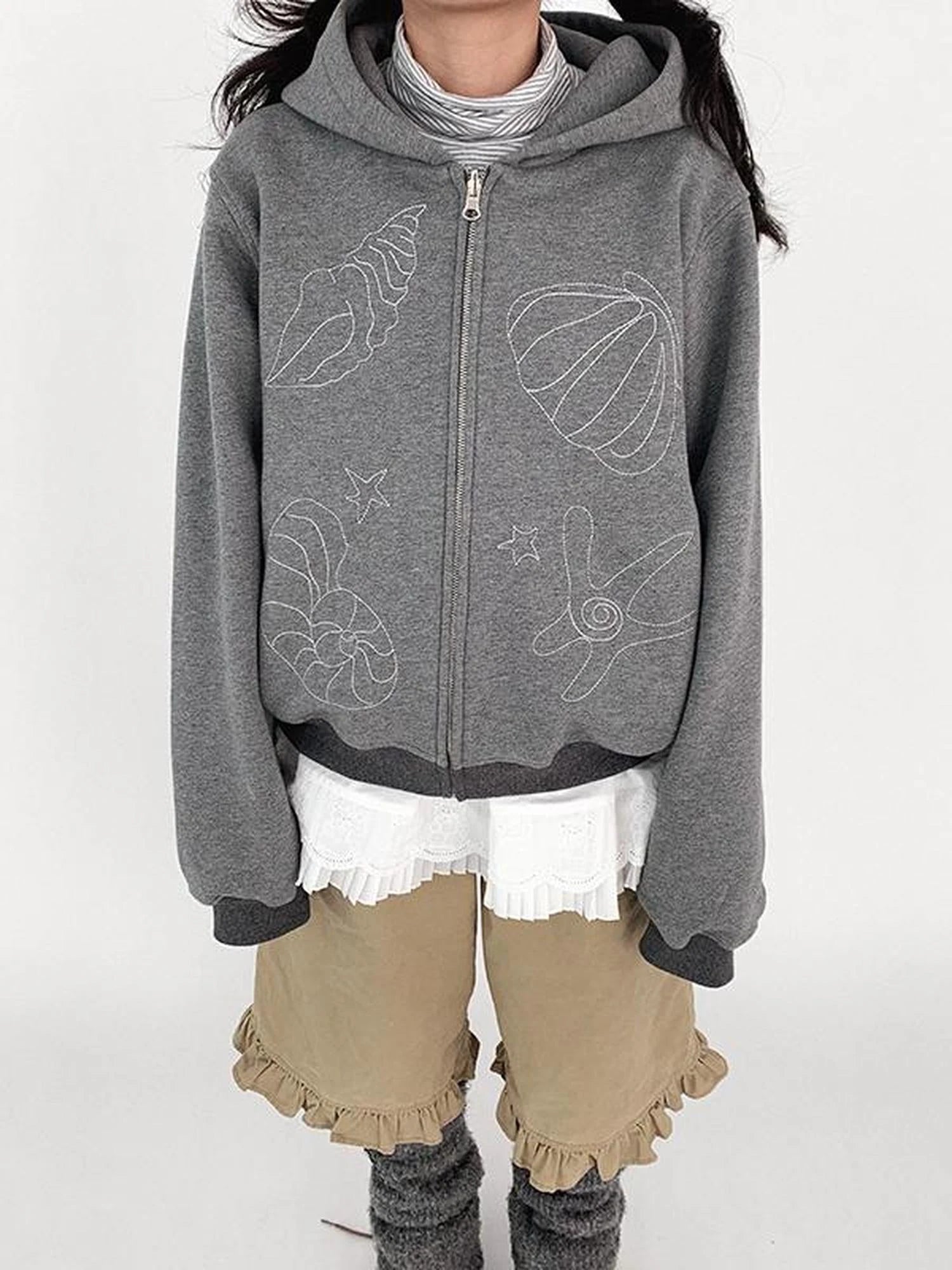 Embroidery Hooded Cardigan Short Jacket