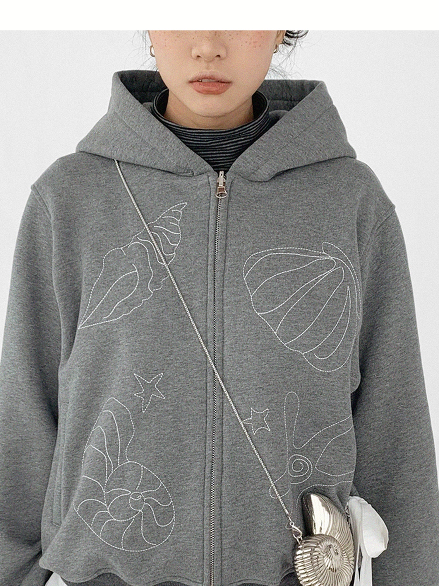 innomoood Embroidery Hooded Cardigan Short Jacket