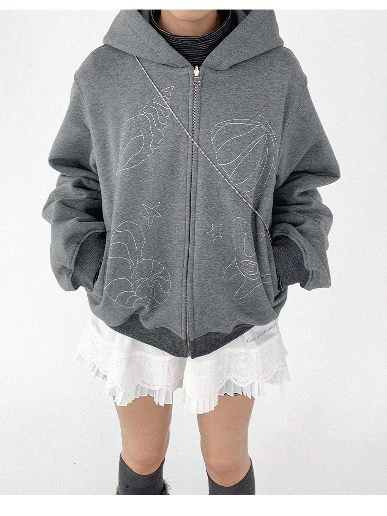 innomoood Embroidery Hooded Cardigan Short Jacket