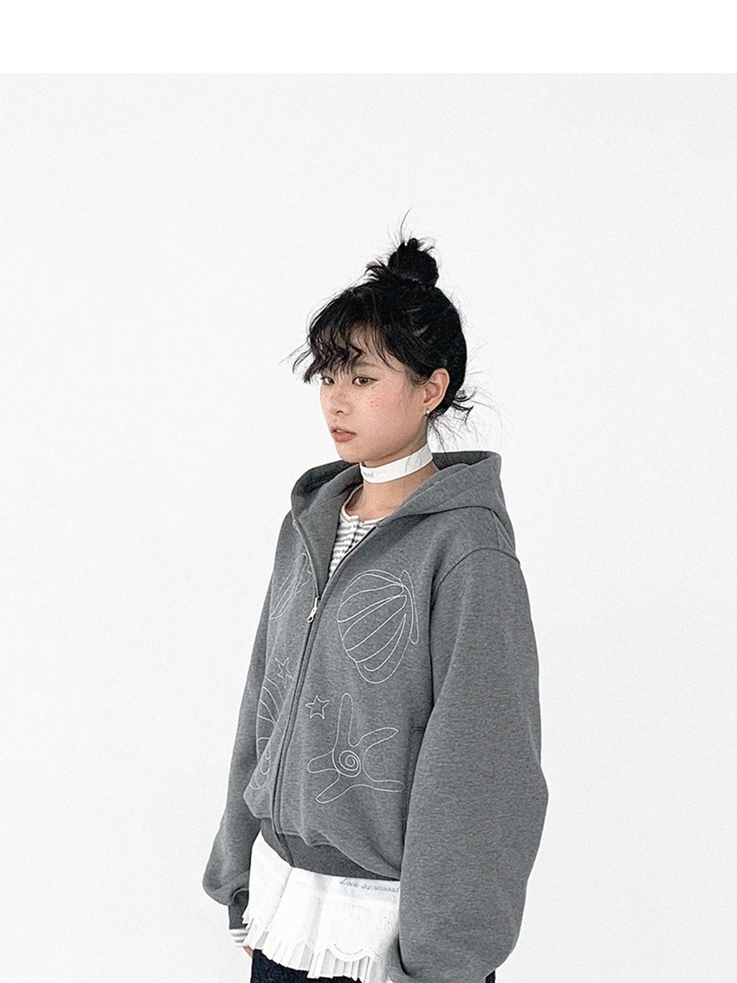 Embroidery Hooded Cardigan Short Jacket