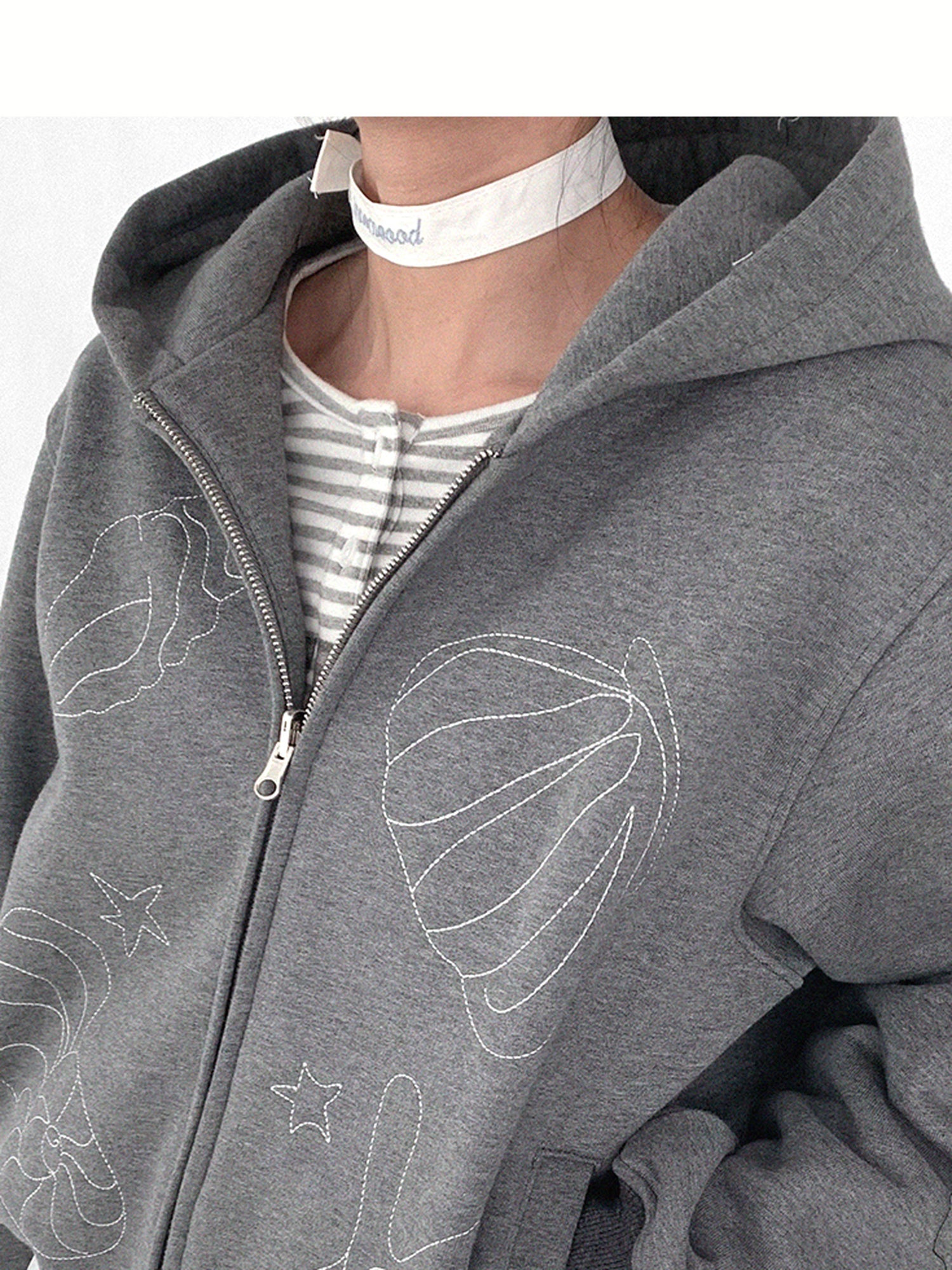 innomoood Embroidery Hooded Cardigan Short Jacket