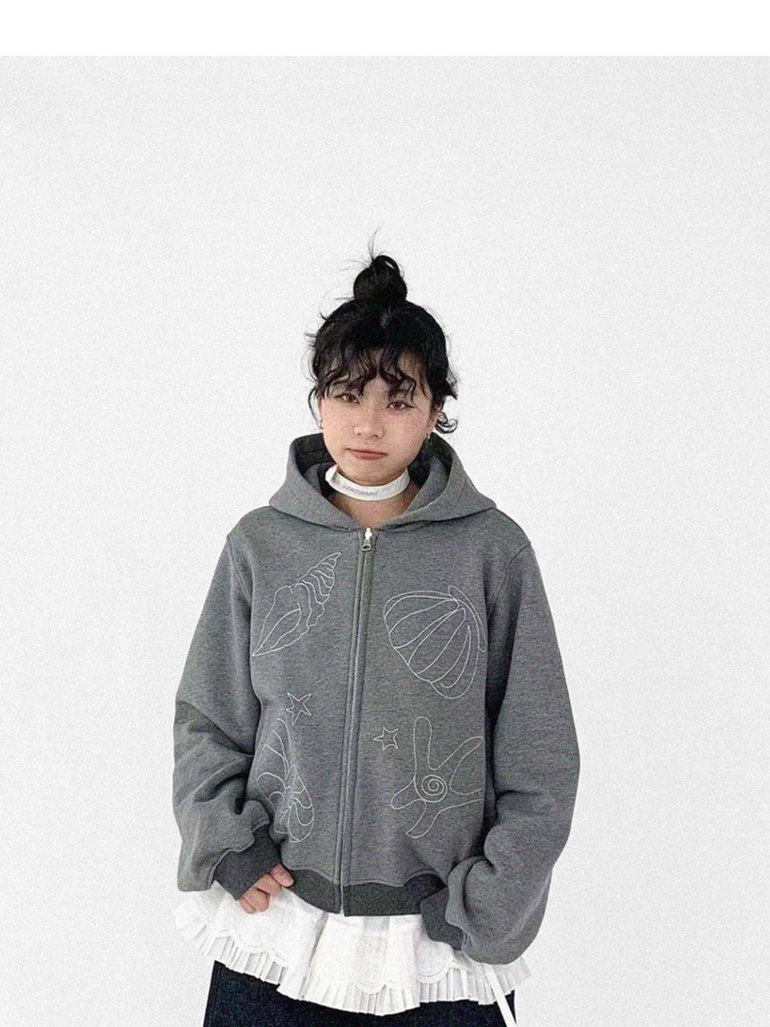 innomoood Embroidery Hooded Cardigan Short Jacket