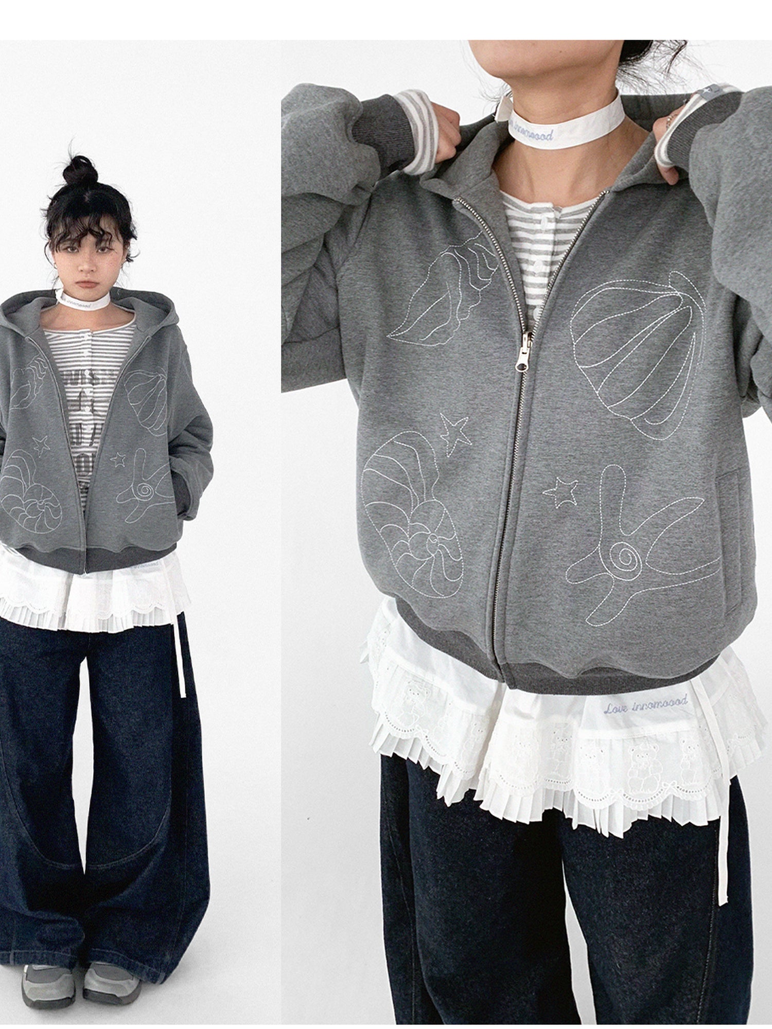 innomoood Embroidery Hooded Cardigan Short Jacket