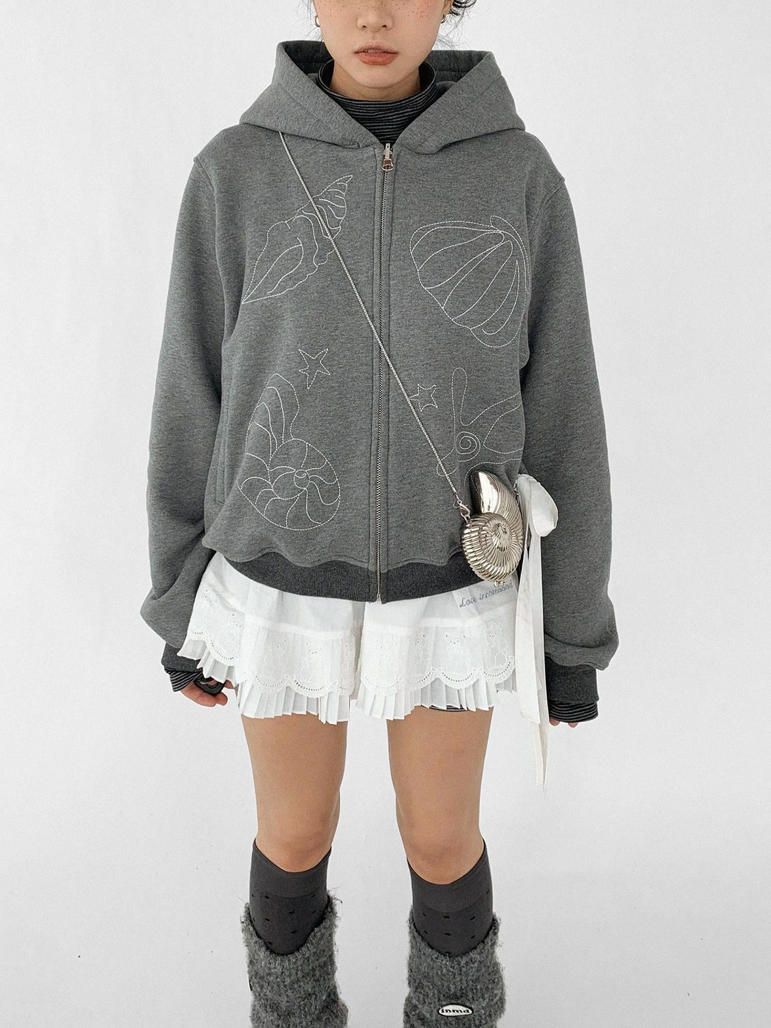 innomoood Embroidery Hooded Cardigan Short Jacket