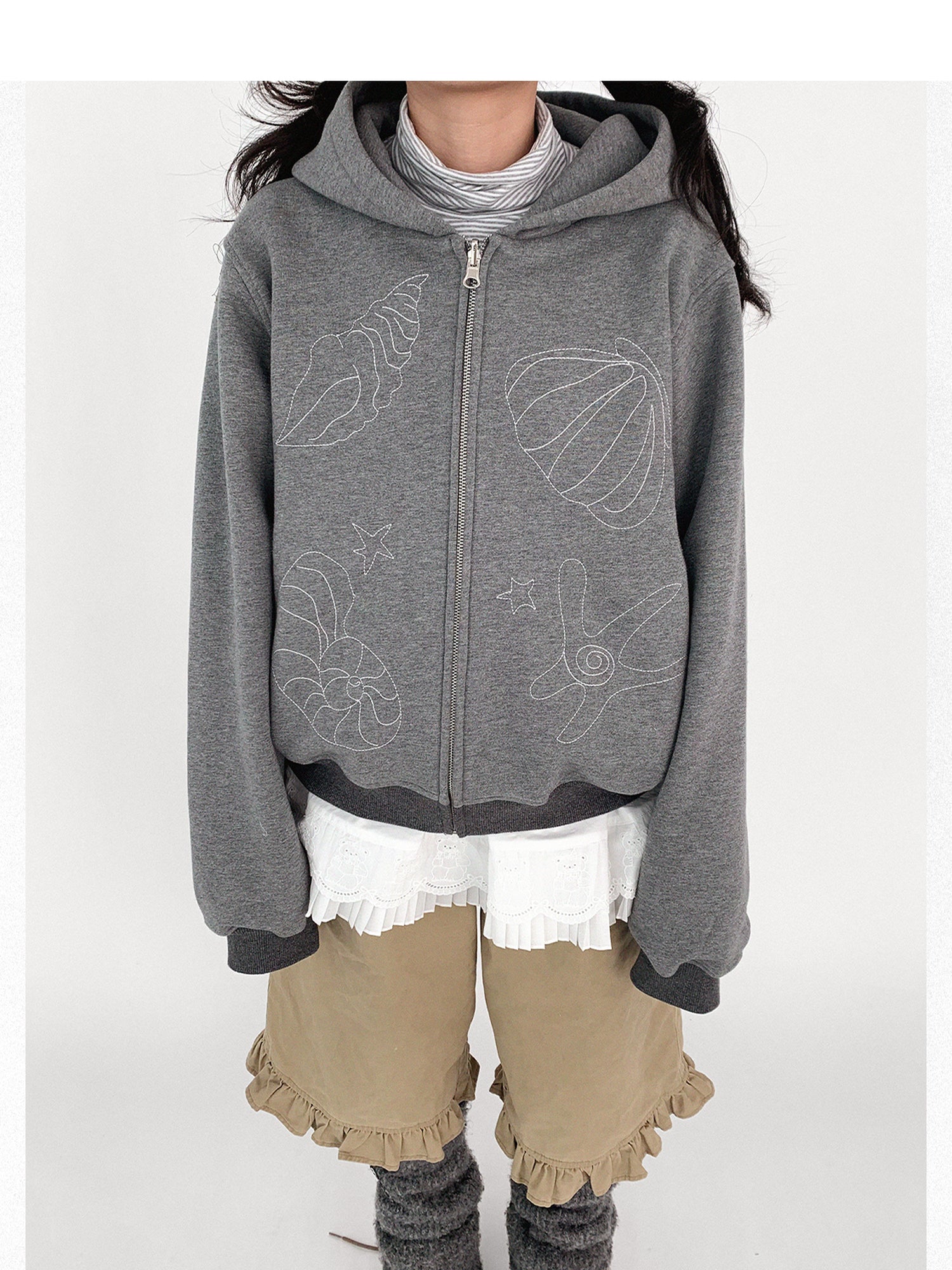 innomoood Embroidery Hooded Cardigan Short Jacket