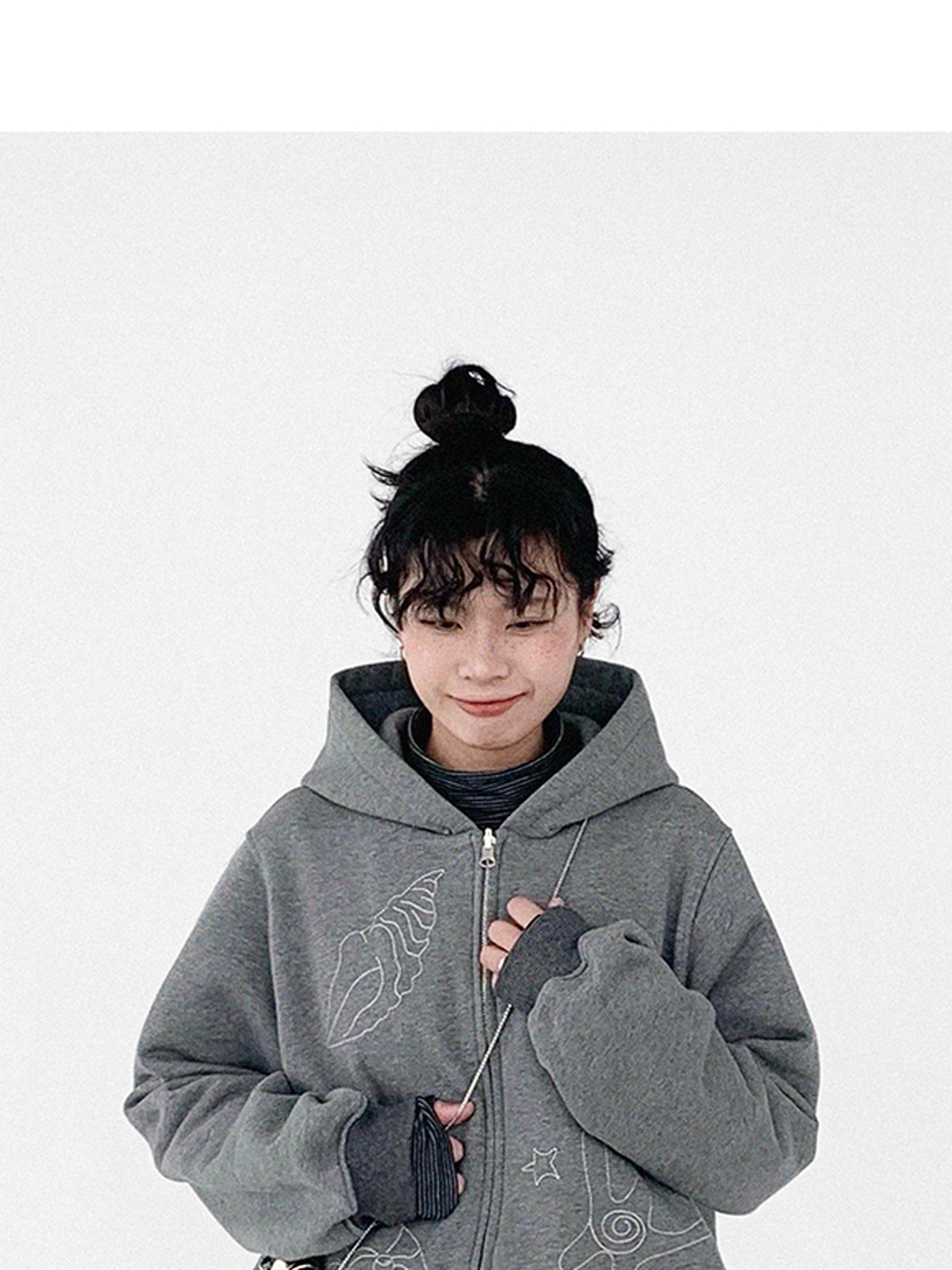 innomoood Embroidery Hooded Cardigan Short Jacket