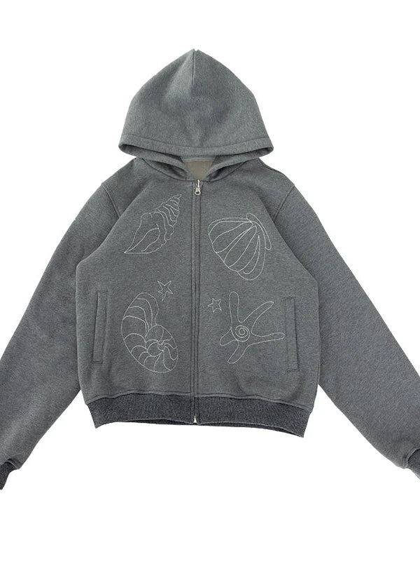 Embroidery Hooded Cardigan Short Jacket