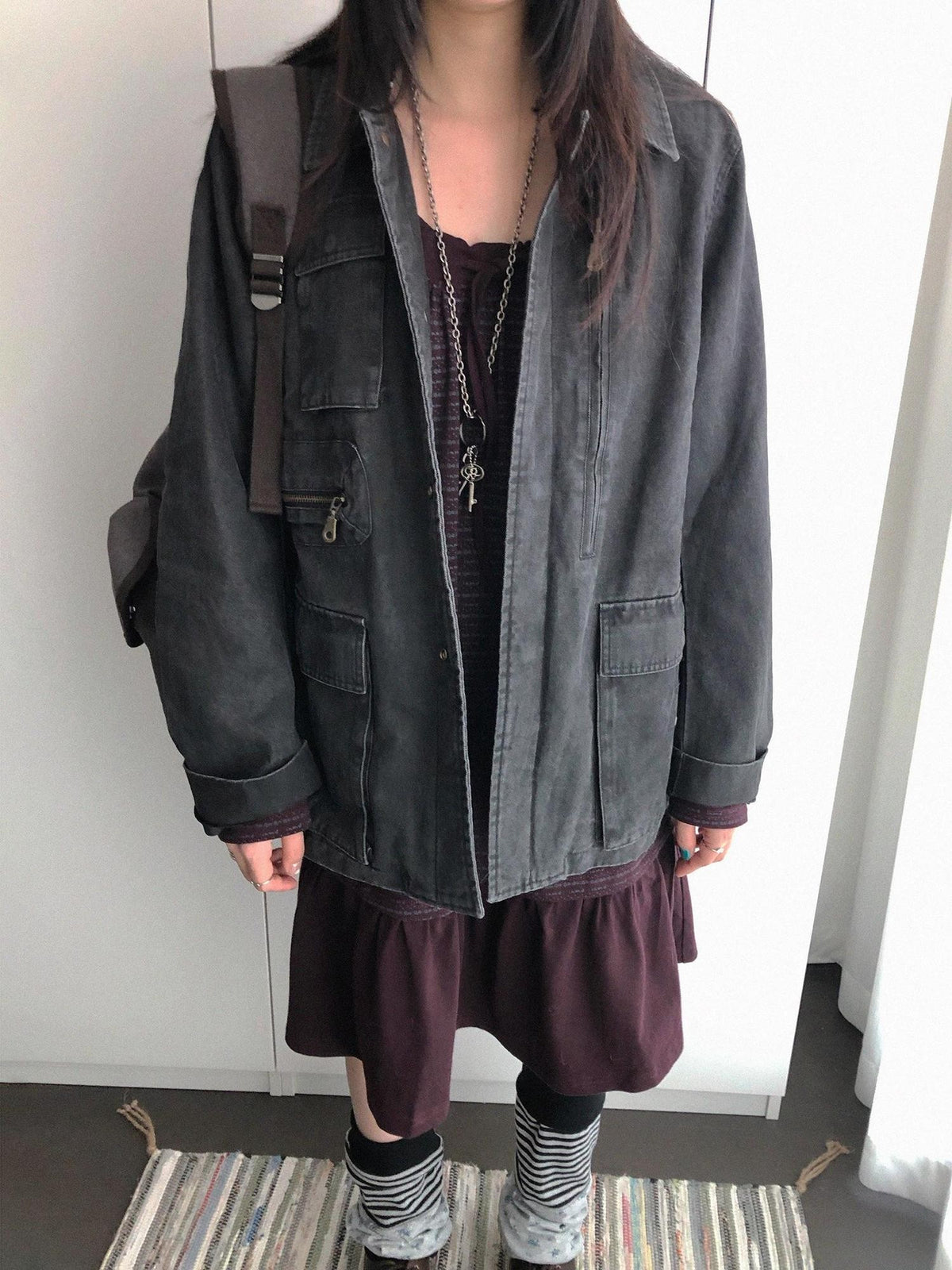 innomoood Faded Heavy Sand Wash Distressed Quilted Pocket Women&