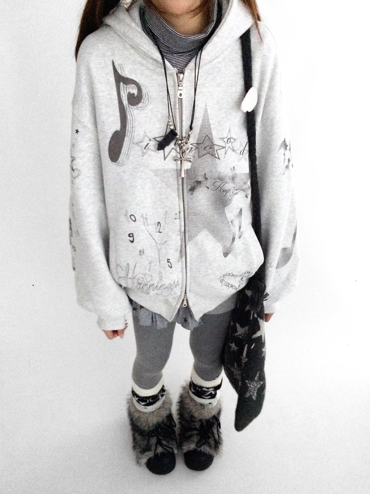 innomoood Fleece Lined Loose Fit Zip Up Hooded Commuter Women Light Gray Zipper Hoodies