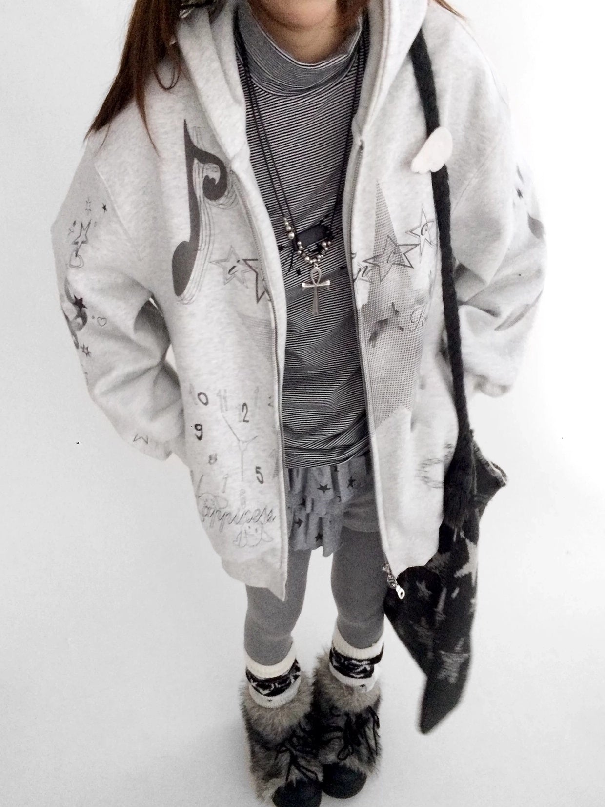 innomoood Fleece Lined Loose Fit Zip Up Hooded Commuter Women Light Gray Zipper Hoodies