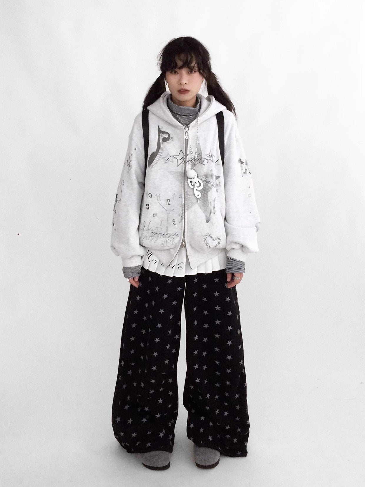 innomoood Fleece Lined Loose Fit Zip Up Hooded Commuter Women Light Gray Zipper Hoodies