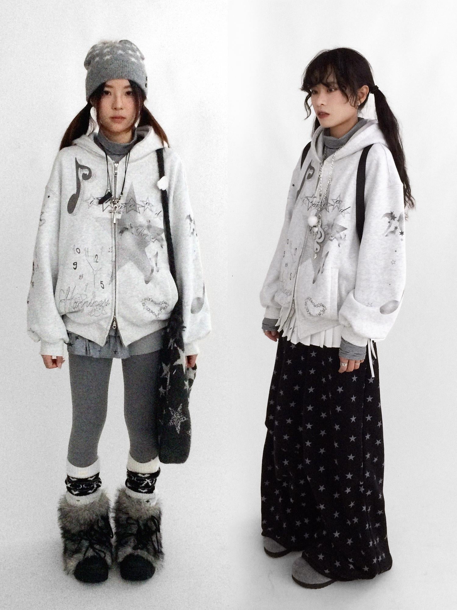 innomoood Fleece Lined Loose Fit Zip Up Hooded Commuter Women Light Gray Zipper Hoodies