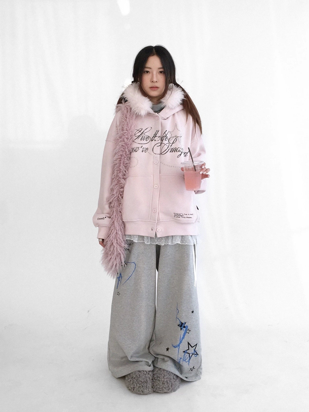 innomoood Fleece Lined Printed Straight Leg Casual Unisex Natural Waist Elastic Pants