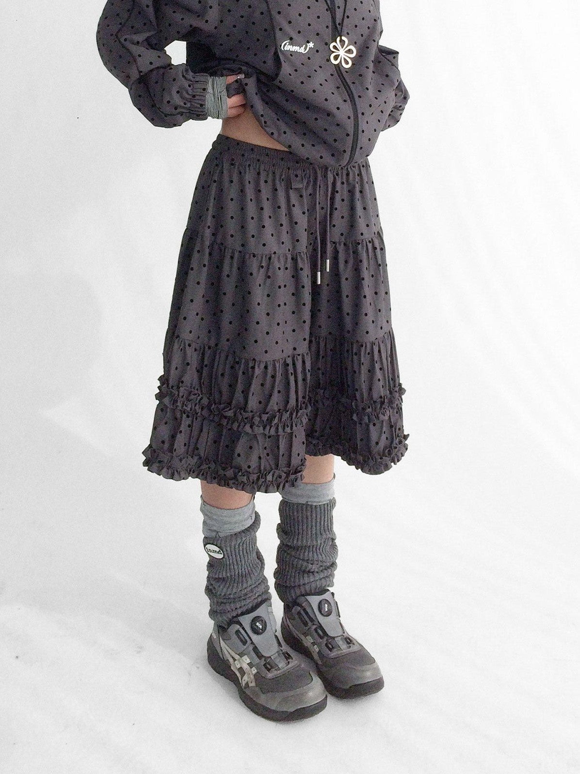 innomoood Flocked Polka Dot Ruffle Pleated Elastic Waist Women&