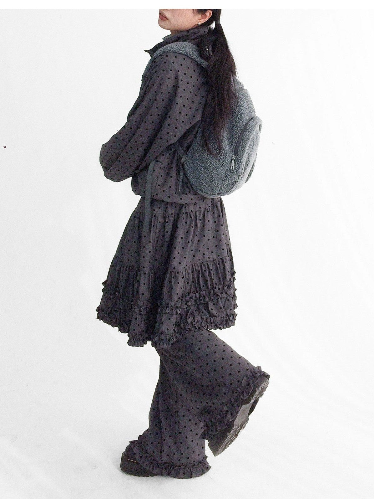 innomoood Flocked Polka Dot Ruffle Pleated Elastic Waist Women&