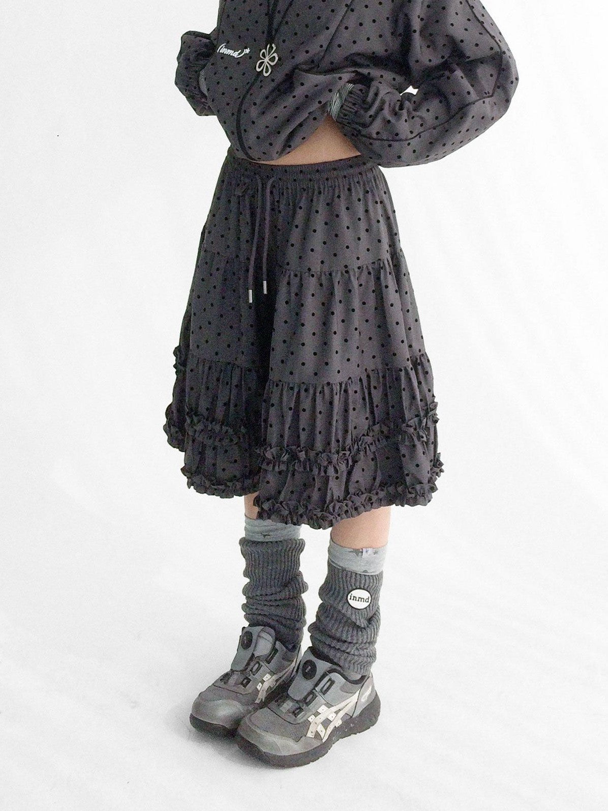 innomoood Flocked Polka Dot Ruffle Pleated Elastic Waist Women&