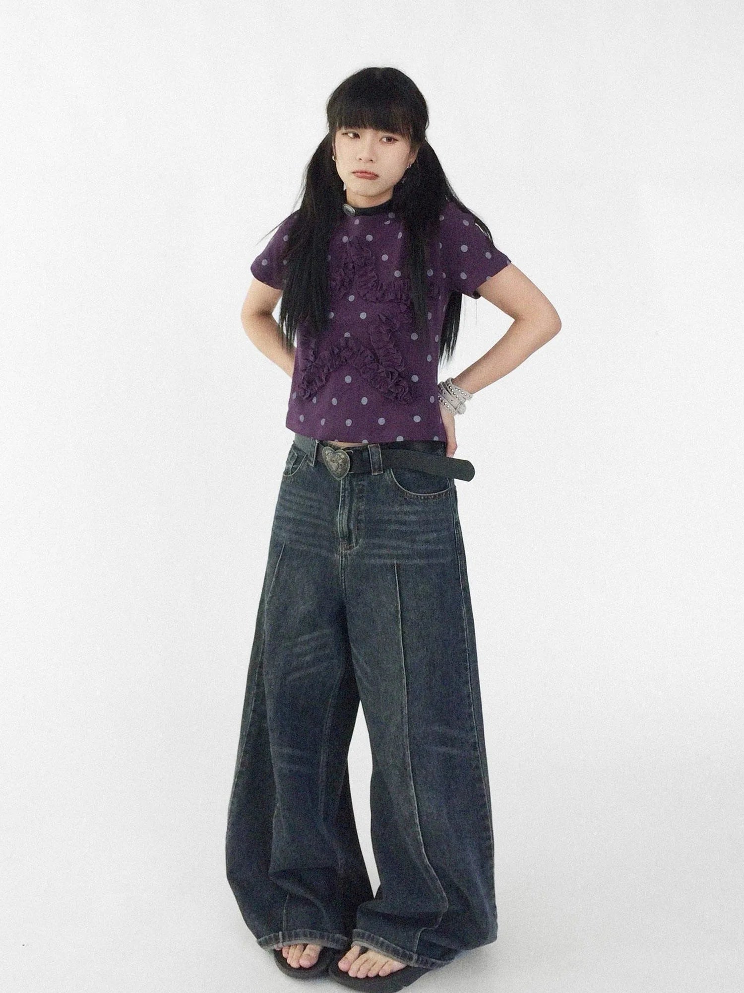 Floral Dot Print Flounce V-neck T-shirt Long Sleeve