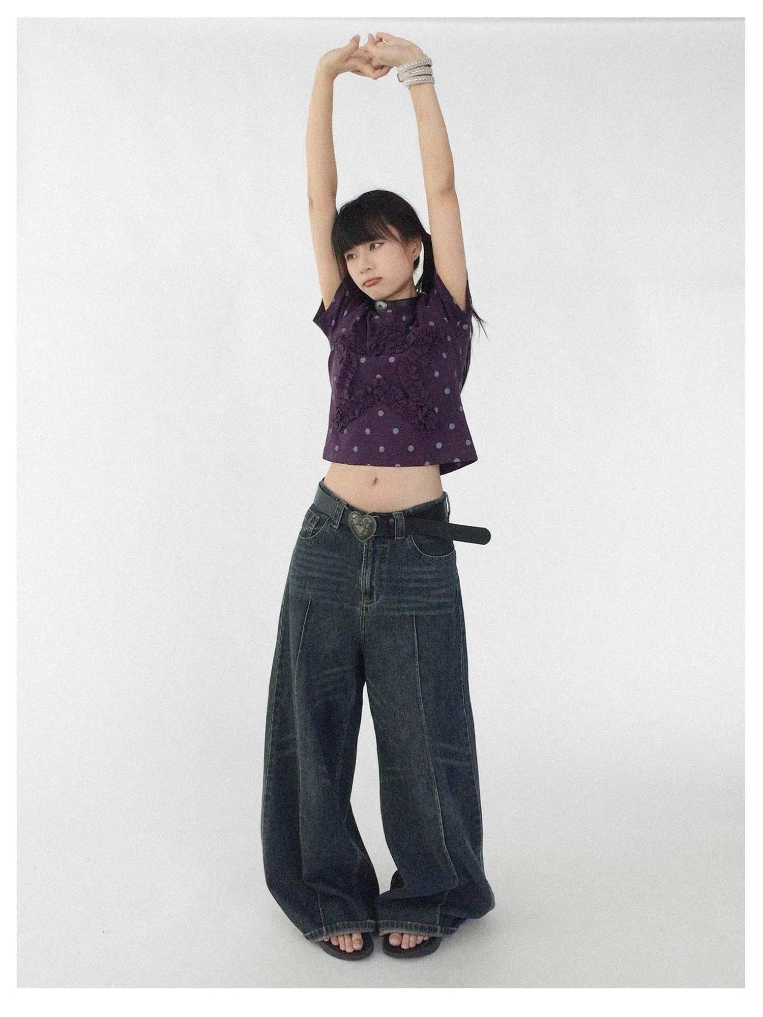 Floral Dot Print Flounce V-neck T-shirt Long Sleeve