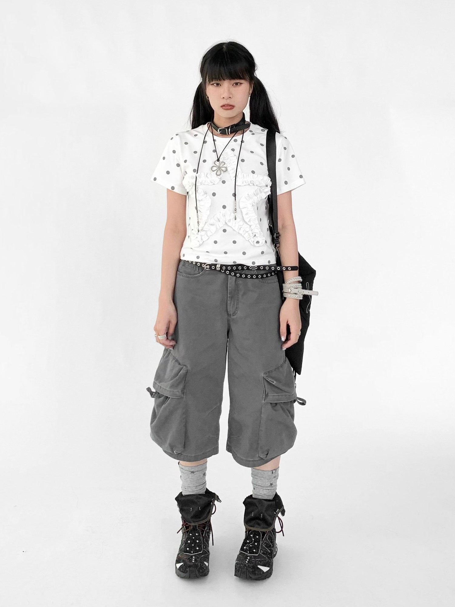 innomoood Floral Dot Print Flounce V-neck T-shirt Long Sleeve