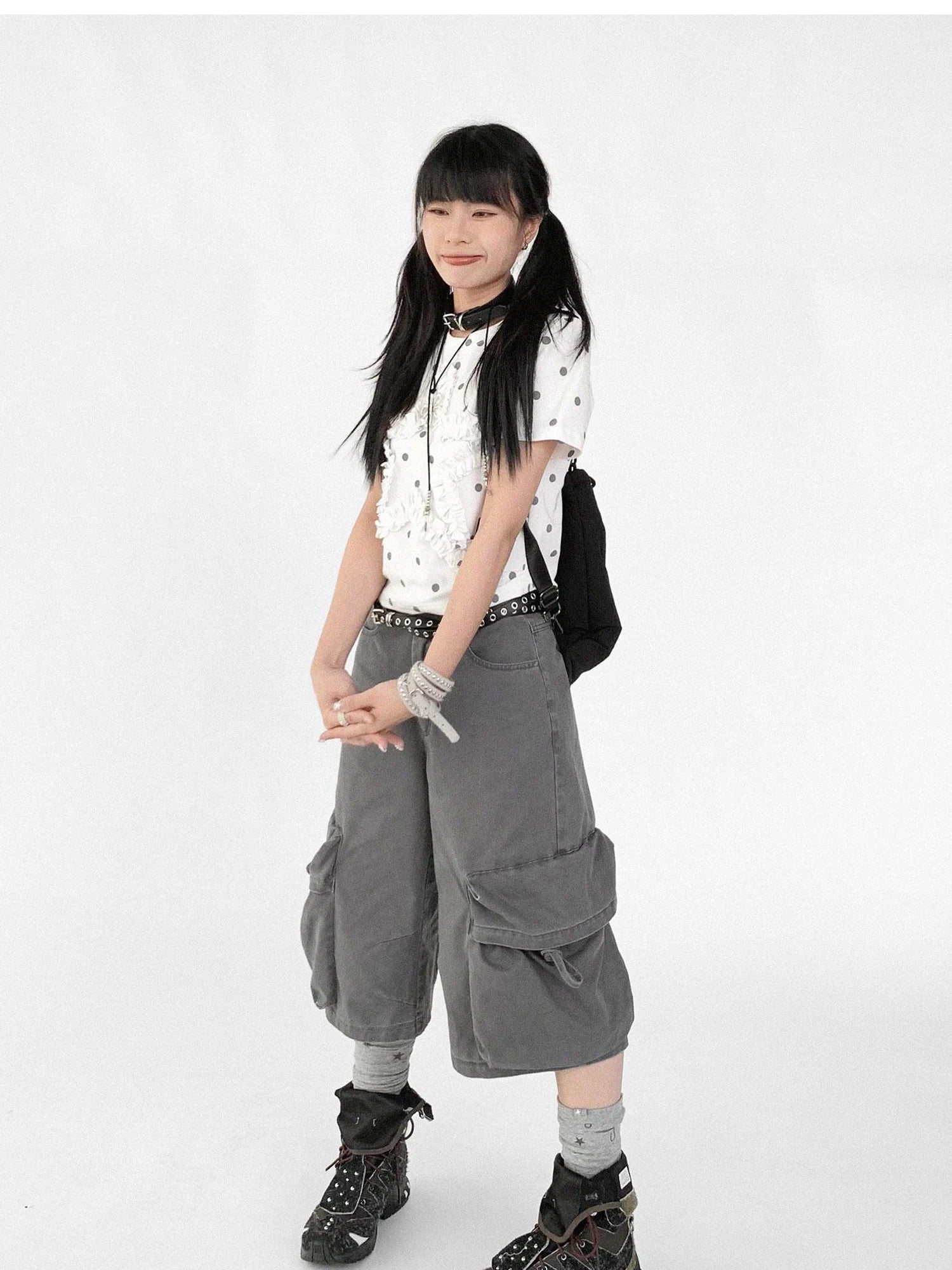 Floral Dot Print Flounce V-neck T-shirt Long Sleeve