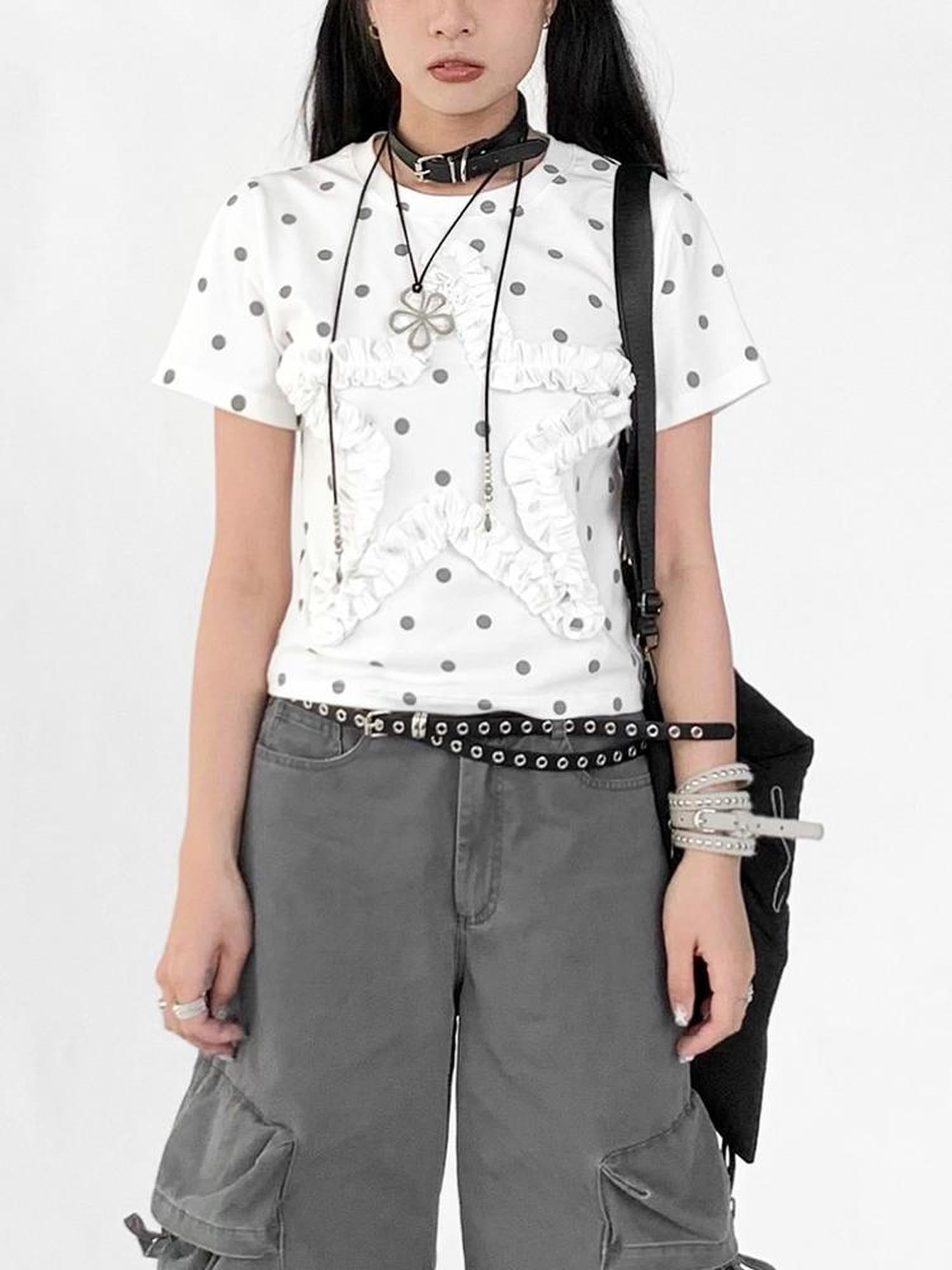 innomoood Floral Dot Print Flounce V-neck T-shirt Long Sleeve