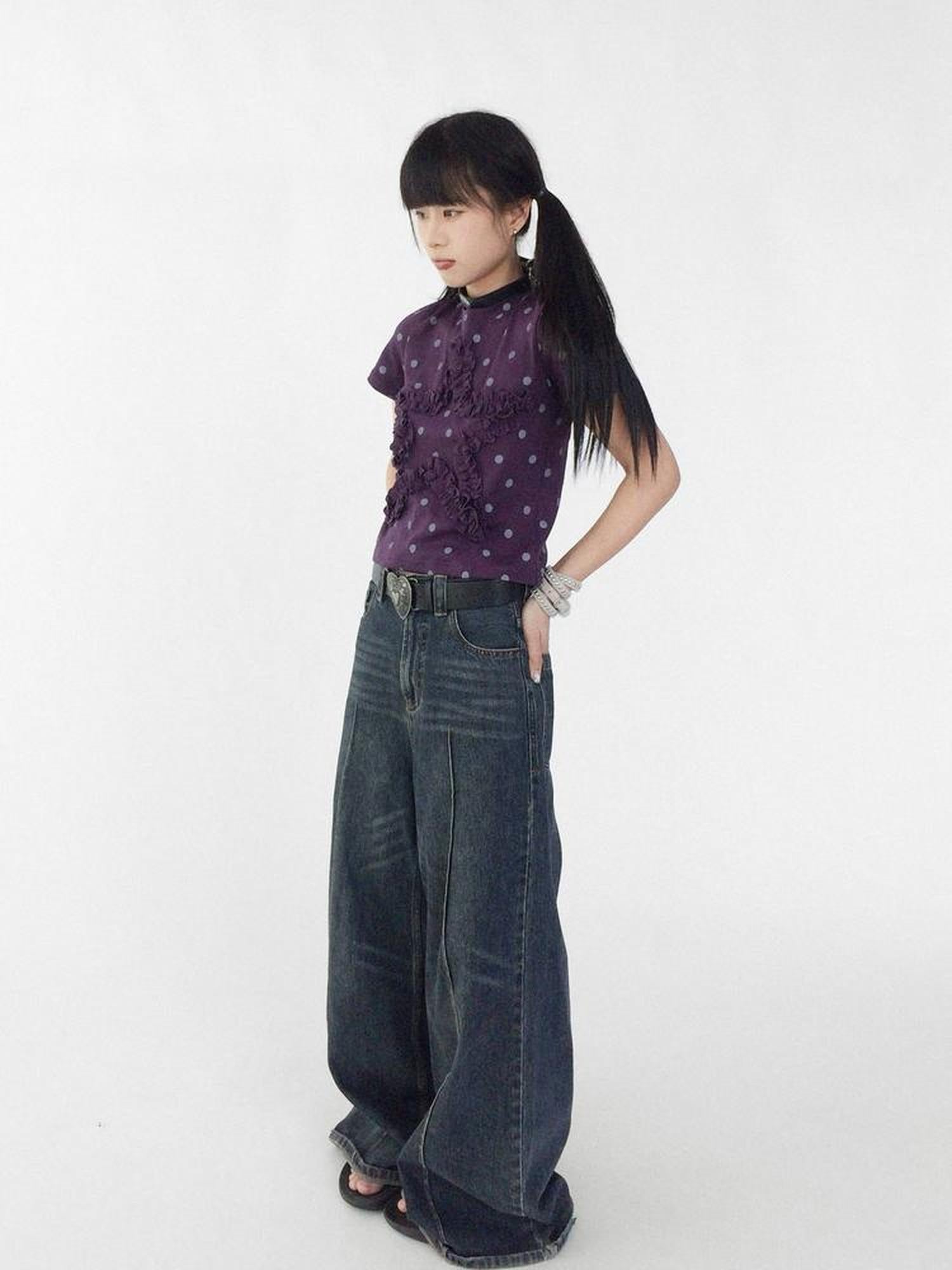 innomoood Floral Dot Print Flounce V-neck T-shirt Long Sleeve
