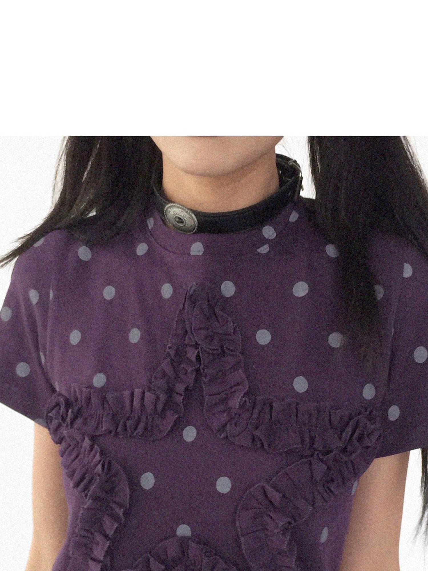 innomoood Floral Dot Print Flounce V-neck T-shirt Long Sleeve