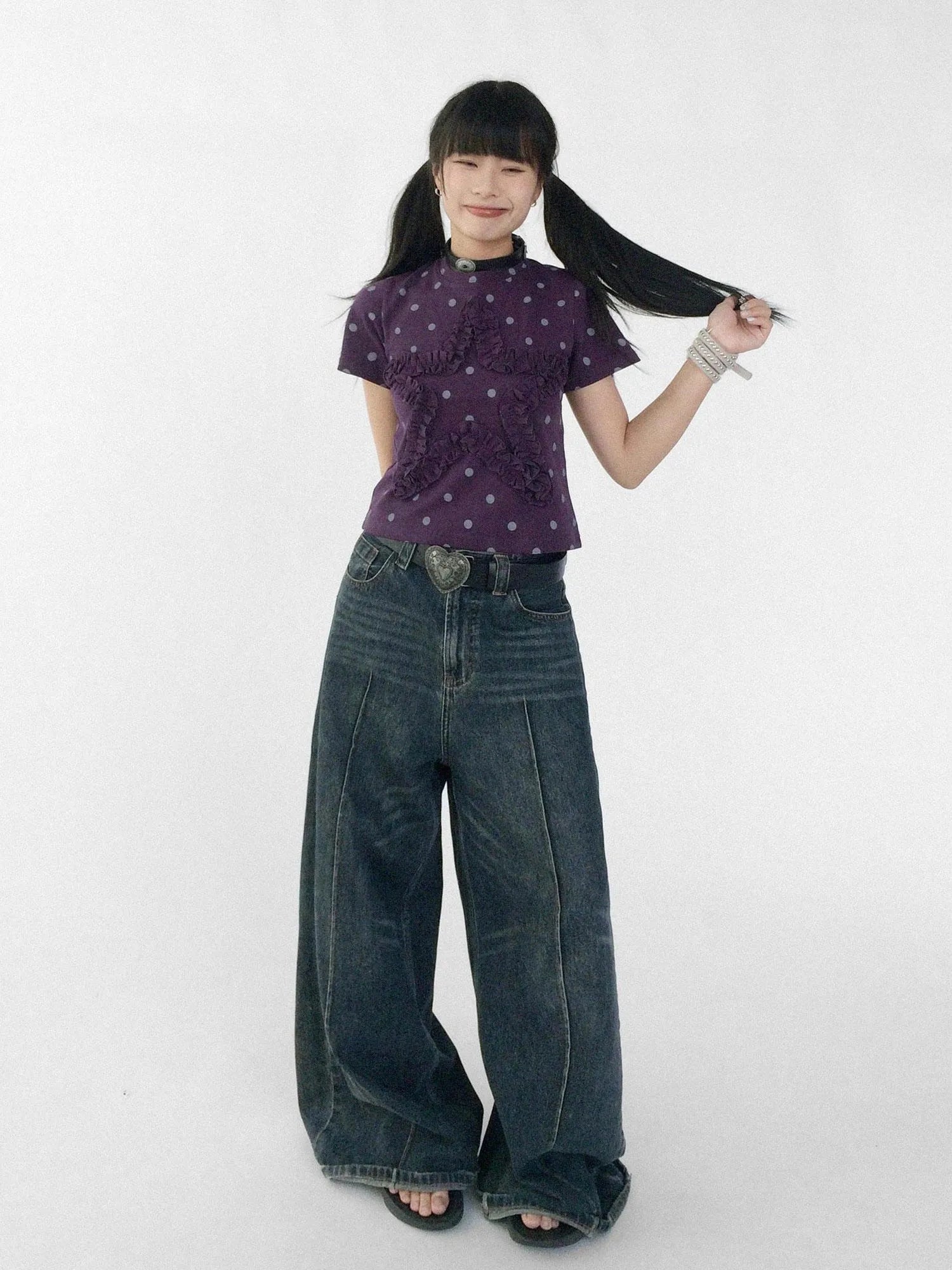 Floral Dot Print Flounce V-neck T-shirt Long Sleeve