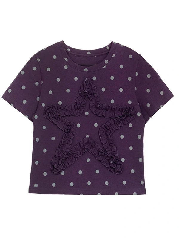 Floral Dot Print Flounce V-neck T-shirt Long Sleeve