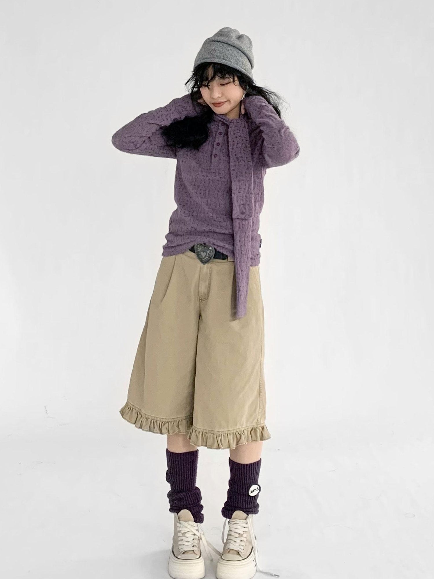 innomoood Furry Lace Thermal Long Sleeve Top With Scarf