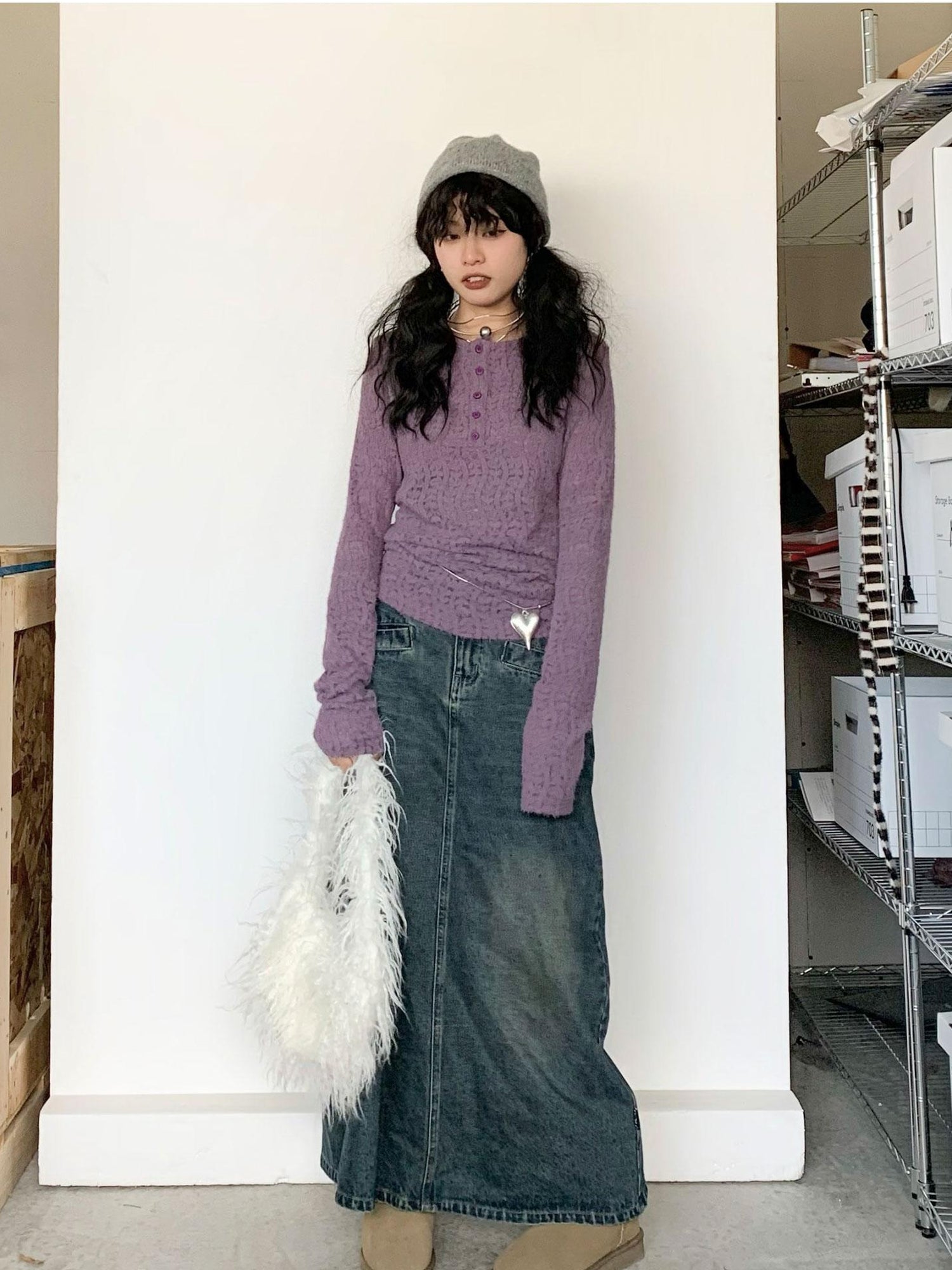 innomoood Furry Lace Thermal Long Sleeve Top With Scarf