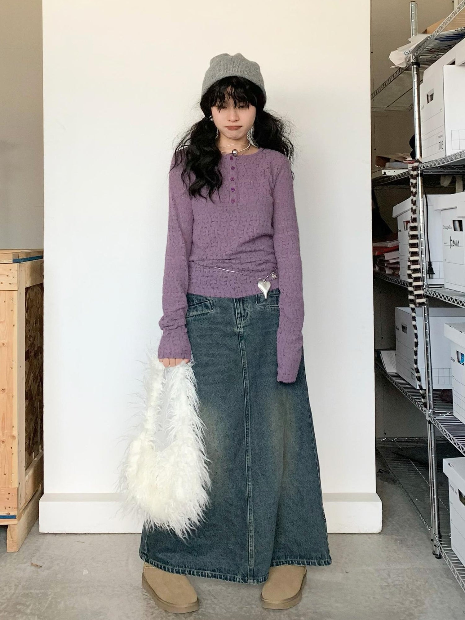 innomoood Furry Lace Thermal Long Sleeve Top With Scarf