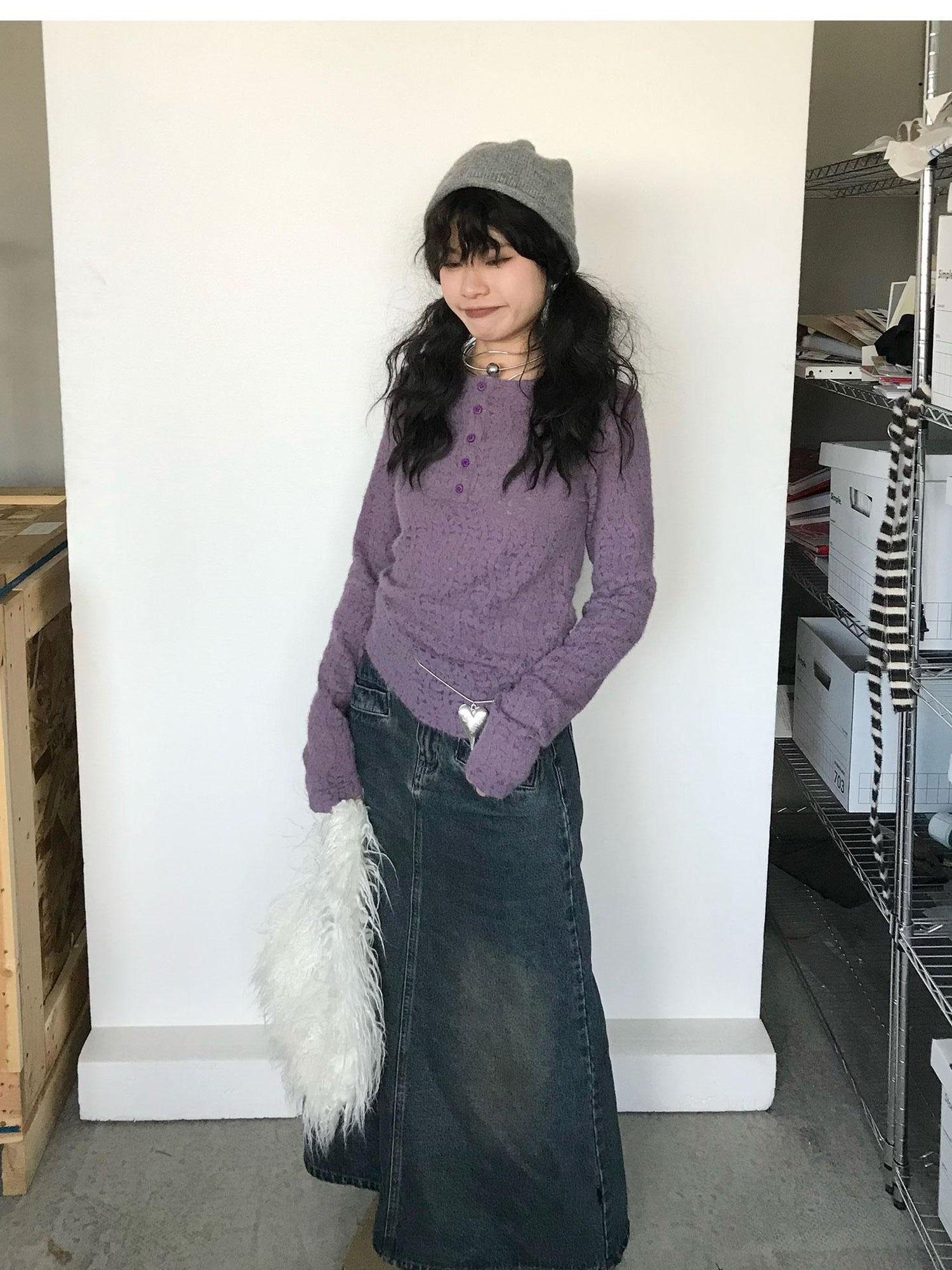 innomoood Furry Lace Thermal Long Sleeve Top With Scarf