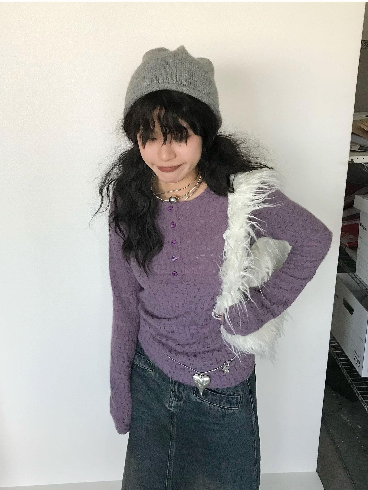 innomoood Furry Lace Thermal Long Sleeve Top With Scarf