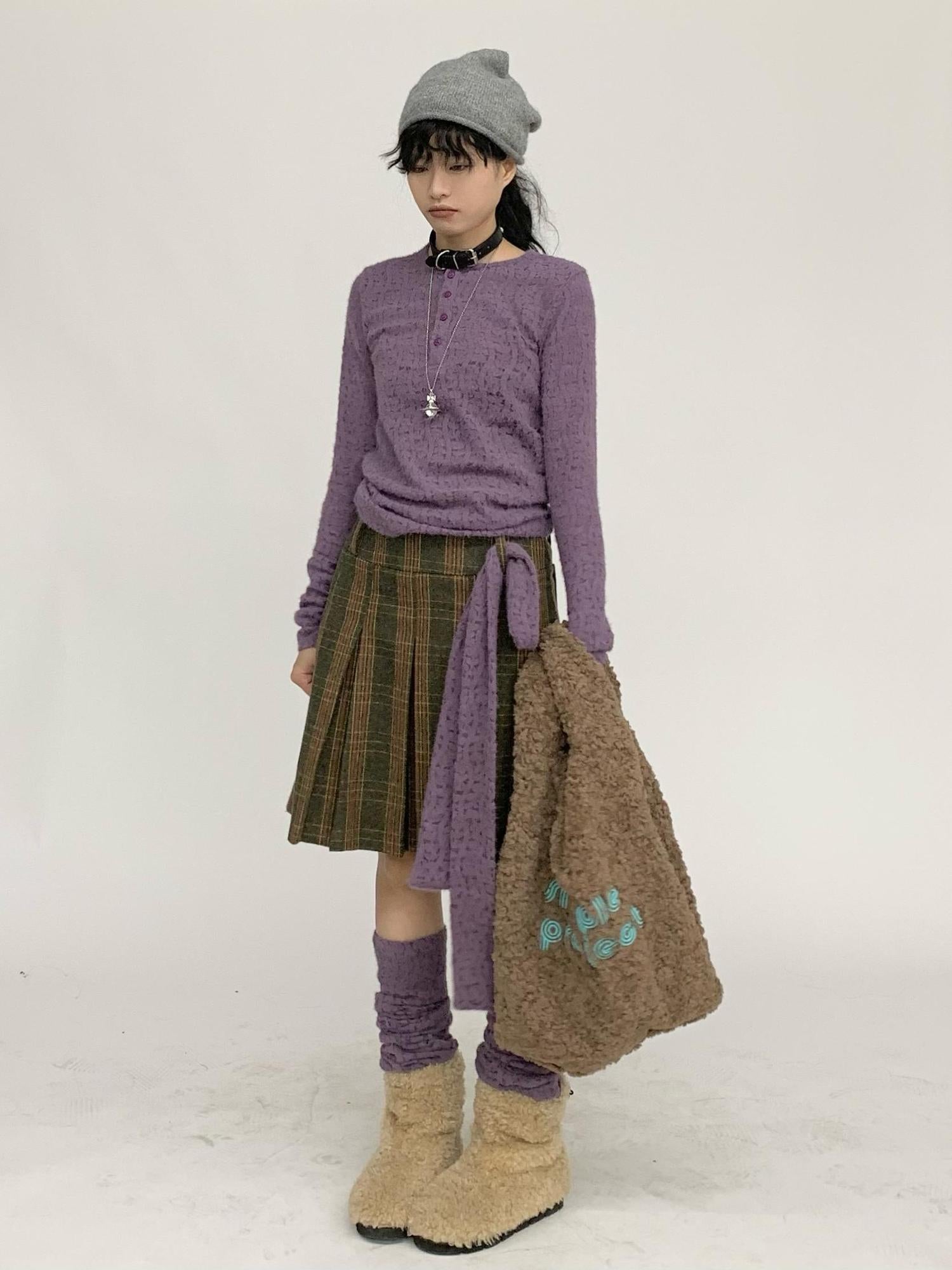 innomoood Furry Lace Thermal Long Sleeve Top With Scarf