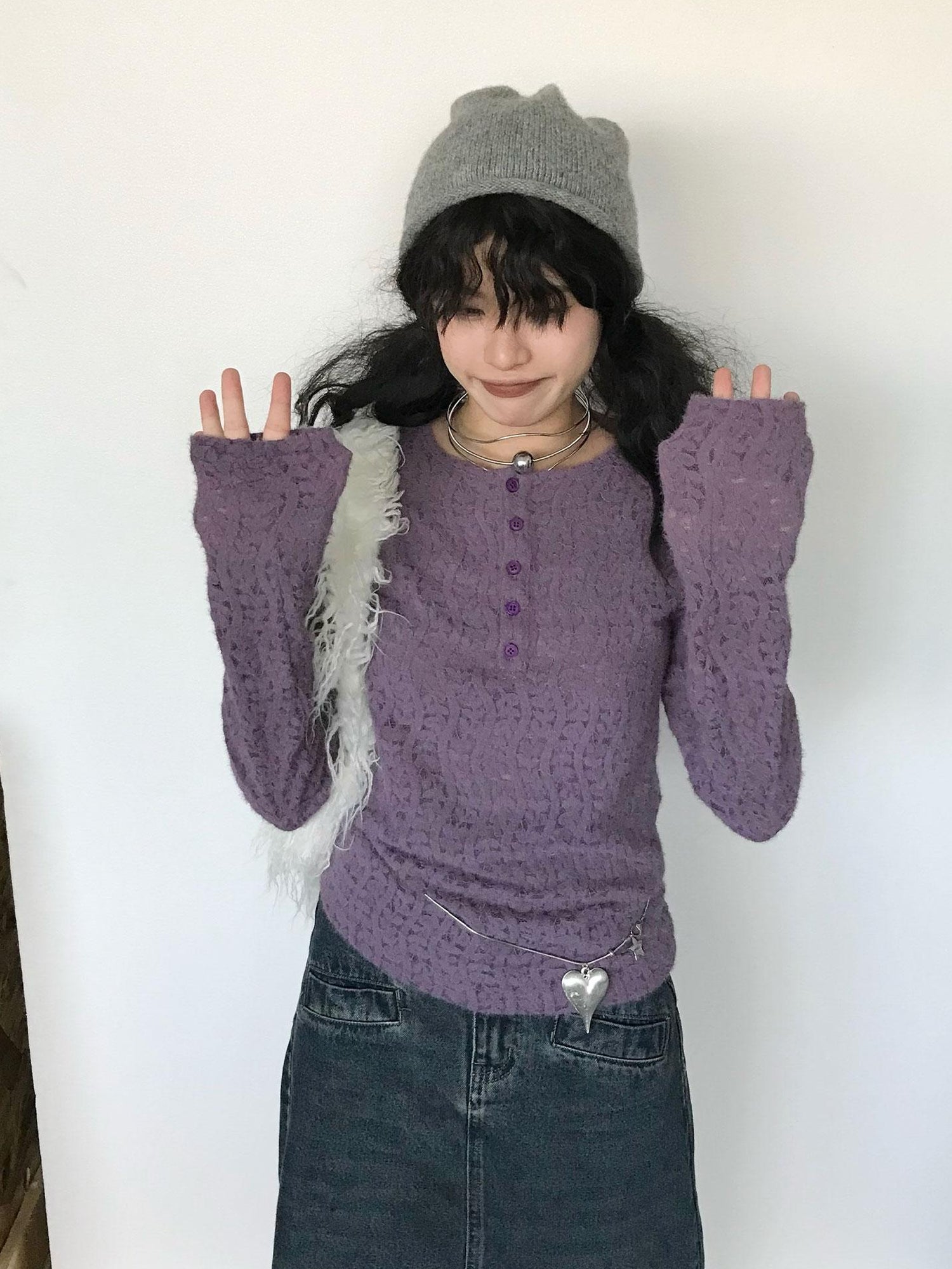 innomoood Furry Lace Thermal Long Sleeve Top With Scarf