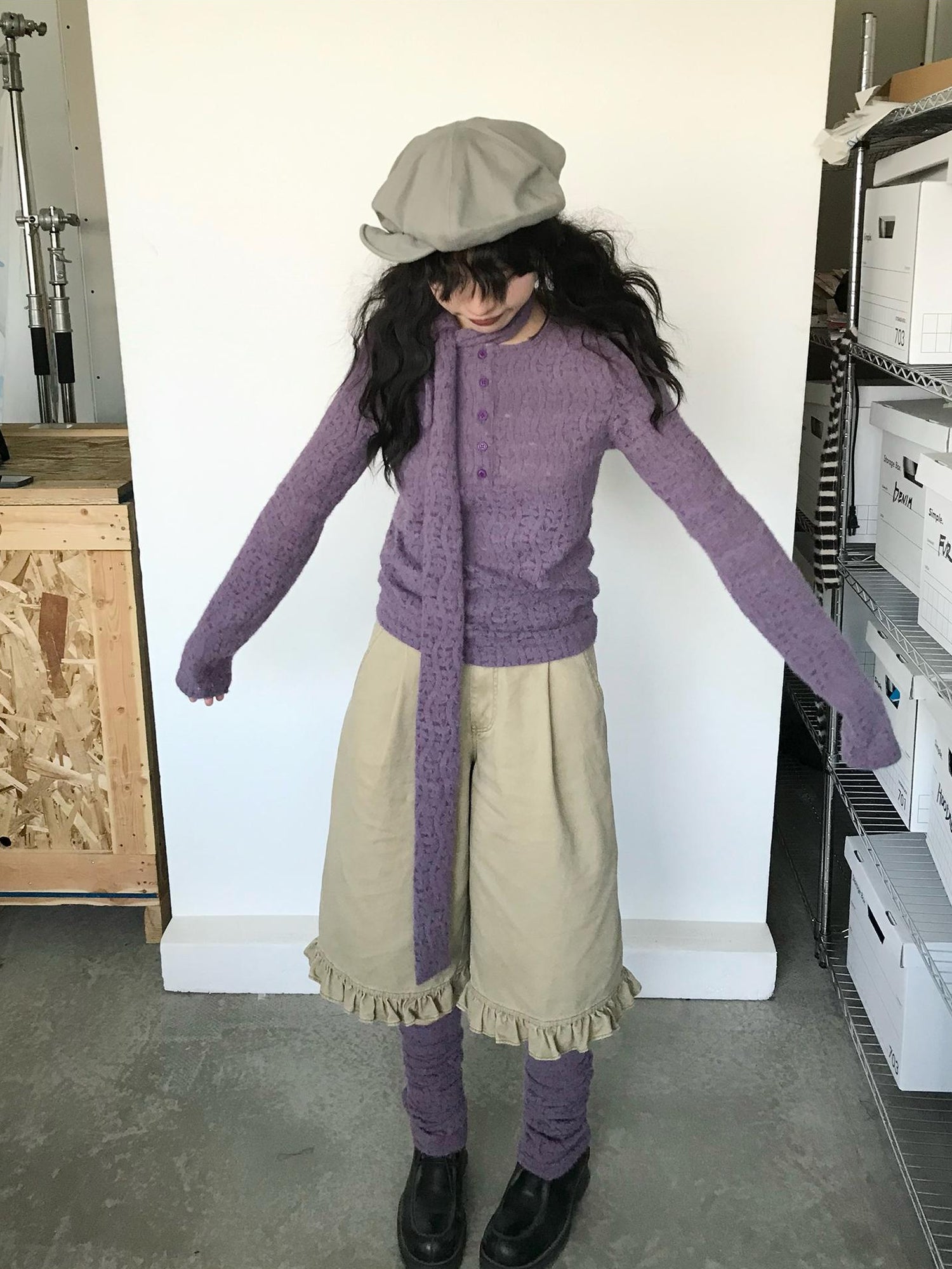 innomoood Furry Lace Thermal Long Sleeve Top With Scarf