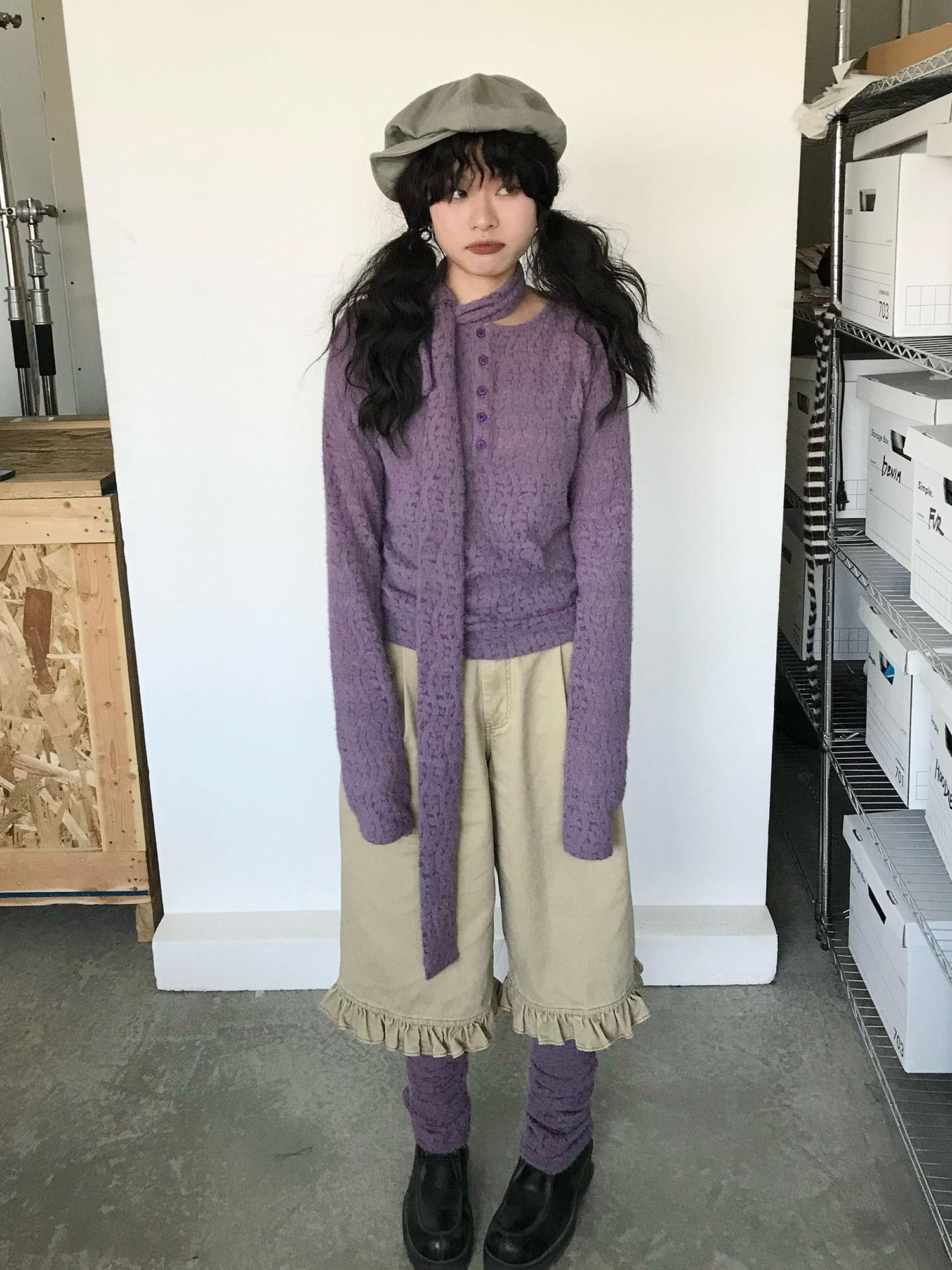 innomoood Furry Lace Thermal Long Sleeve Top With Scarf