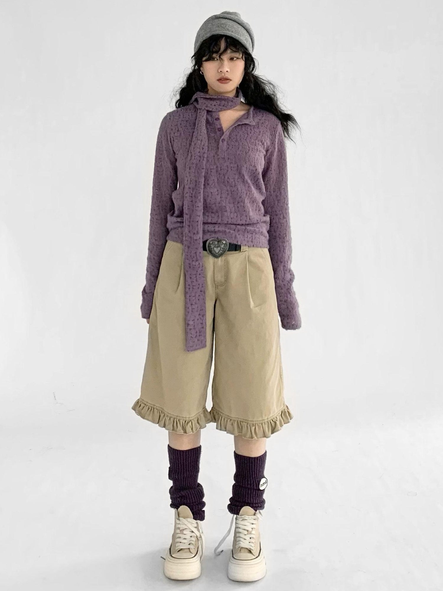 innomoood Furry Lace Thermal Long Sleeve Top With Scarf